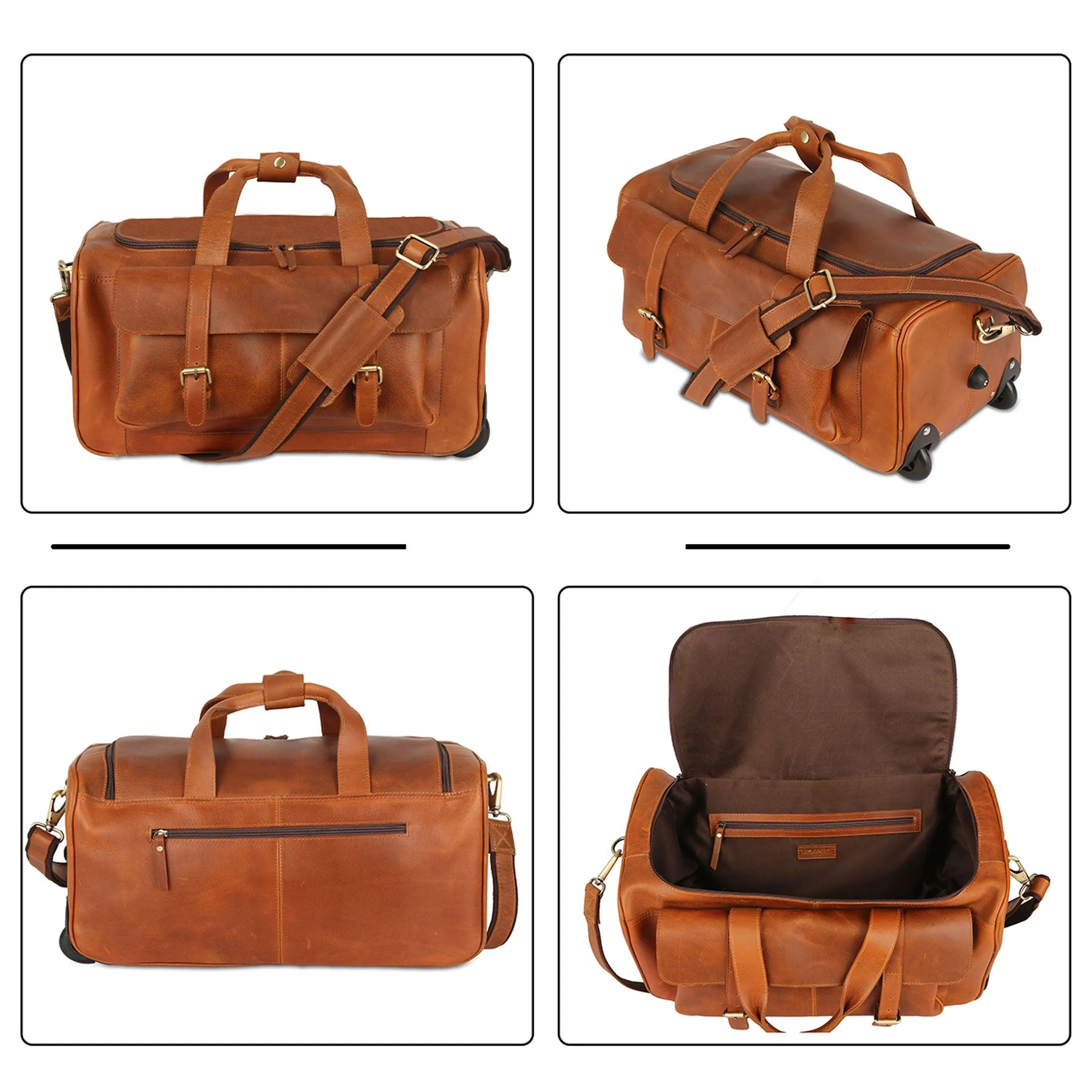 Leather Rolling Travel Duffle Bag for Men Women 21 inch with wheels Sports Overnight Weekend Duffel Gym Cabin Holdall with wheels for easy carry