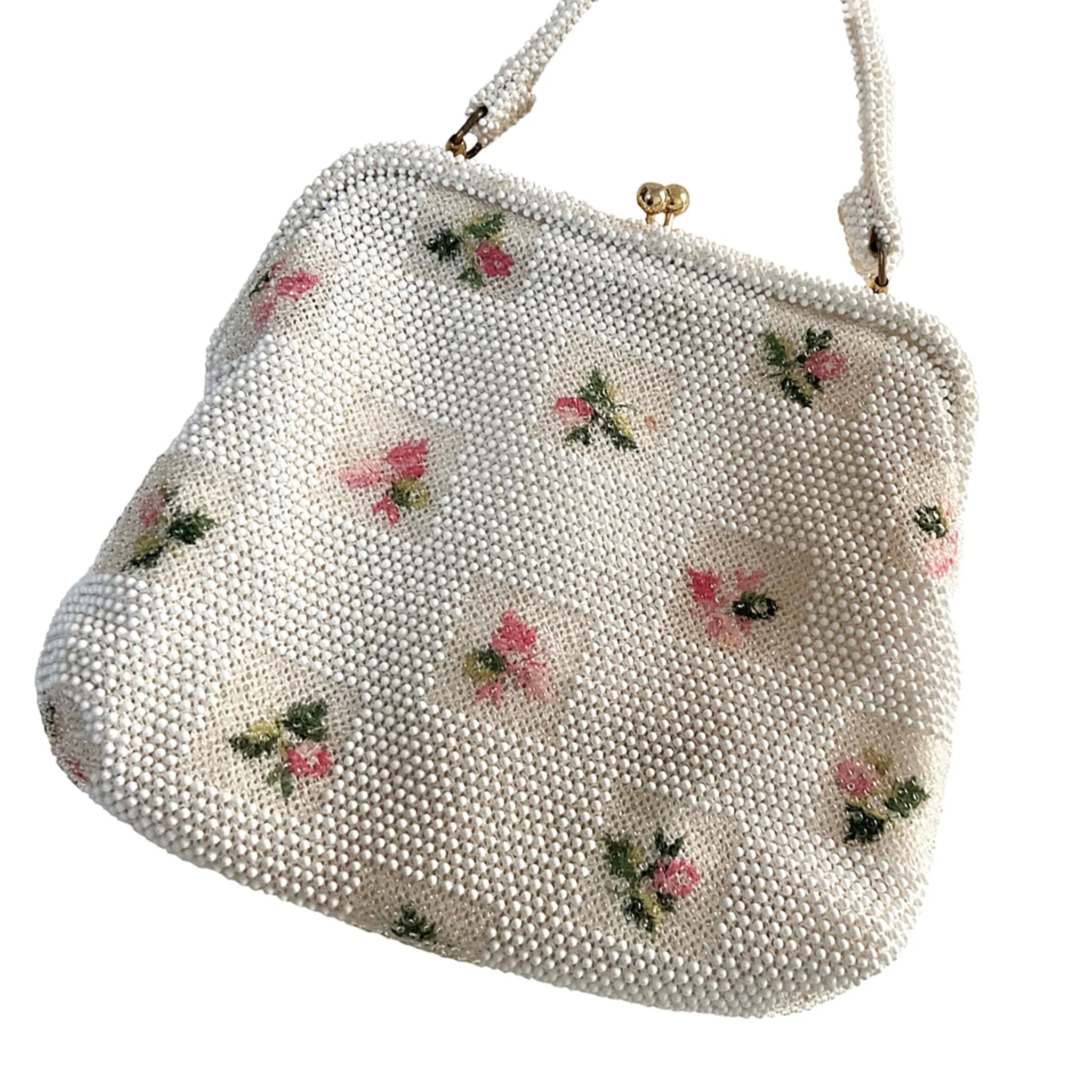 Lemured Petite-Bead Pink and Cream Beaded Flower Bag and Mirror Purse