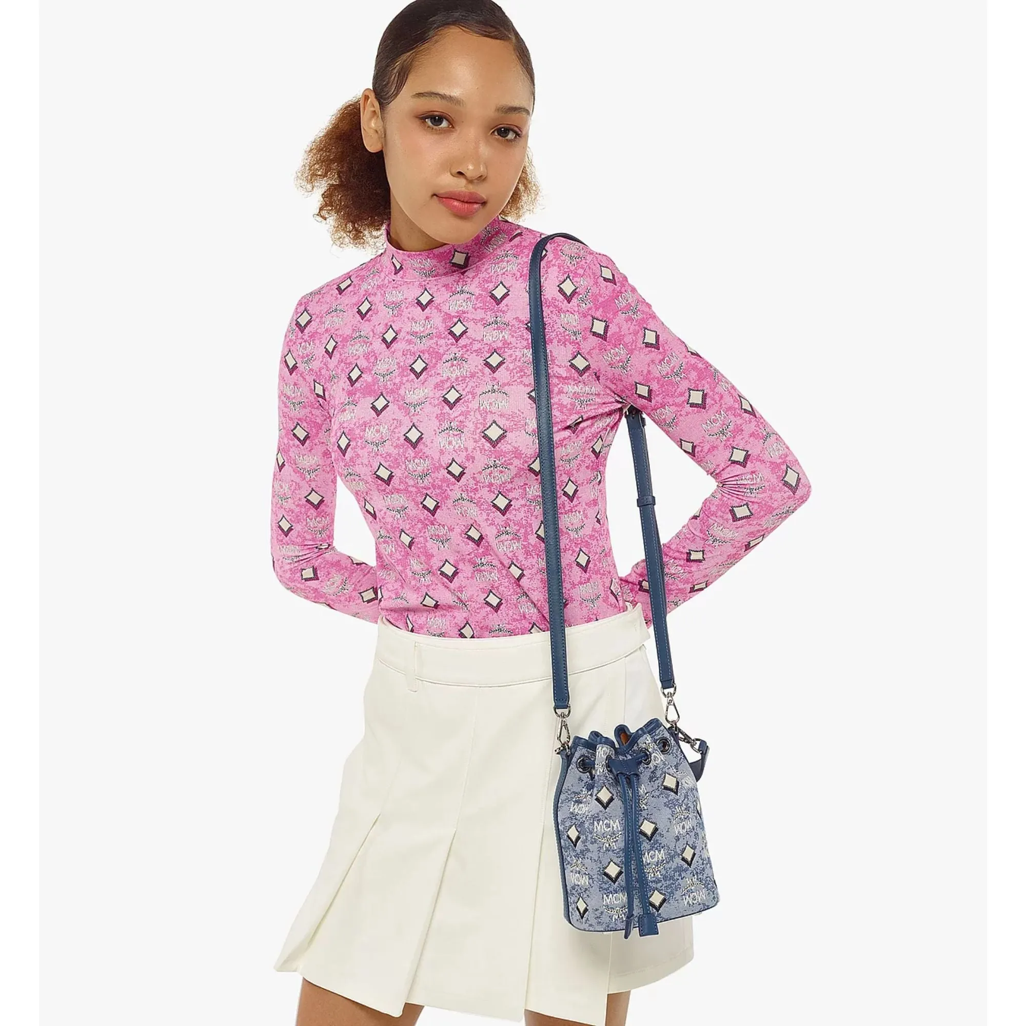 MCM Mini bucket bag in Italian jacquard-woven fabric and nappa leather AW22