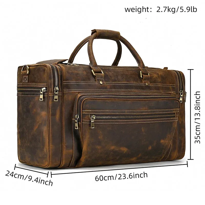 Men’s Crazy Horse Leather Weekend Bag 22" Vintage Travel Duffle
