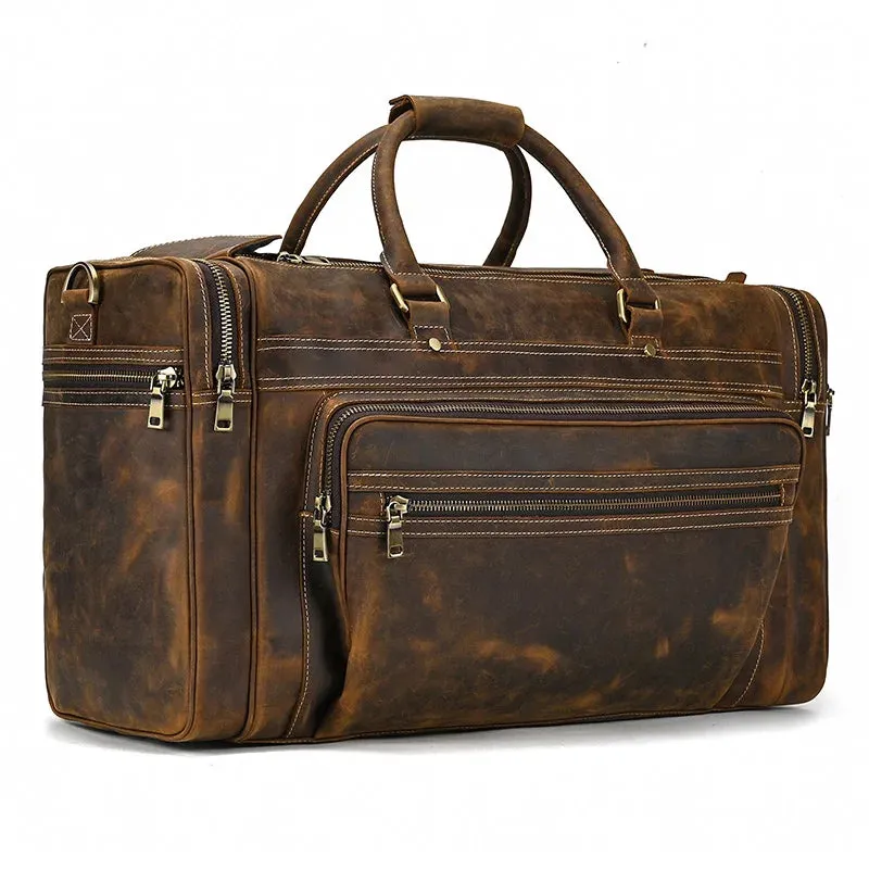 Men’s Crazy Horse Leather Weekend Bag 22" Vintage Travel Duffle