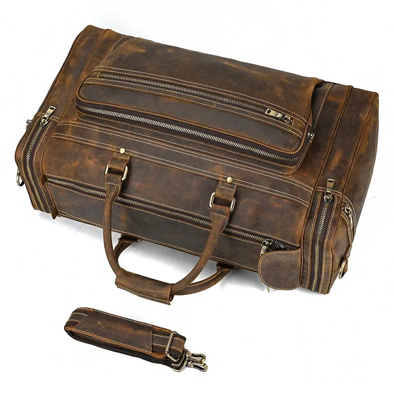 Men’s Crazy Horse Leather Weekend Bag 22" Vintage Travel Duffle