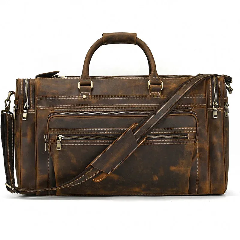 Men’s Crazy Horse Leather Weekend Bag 22" Vintage Travel Duffle