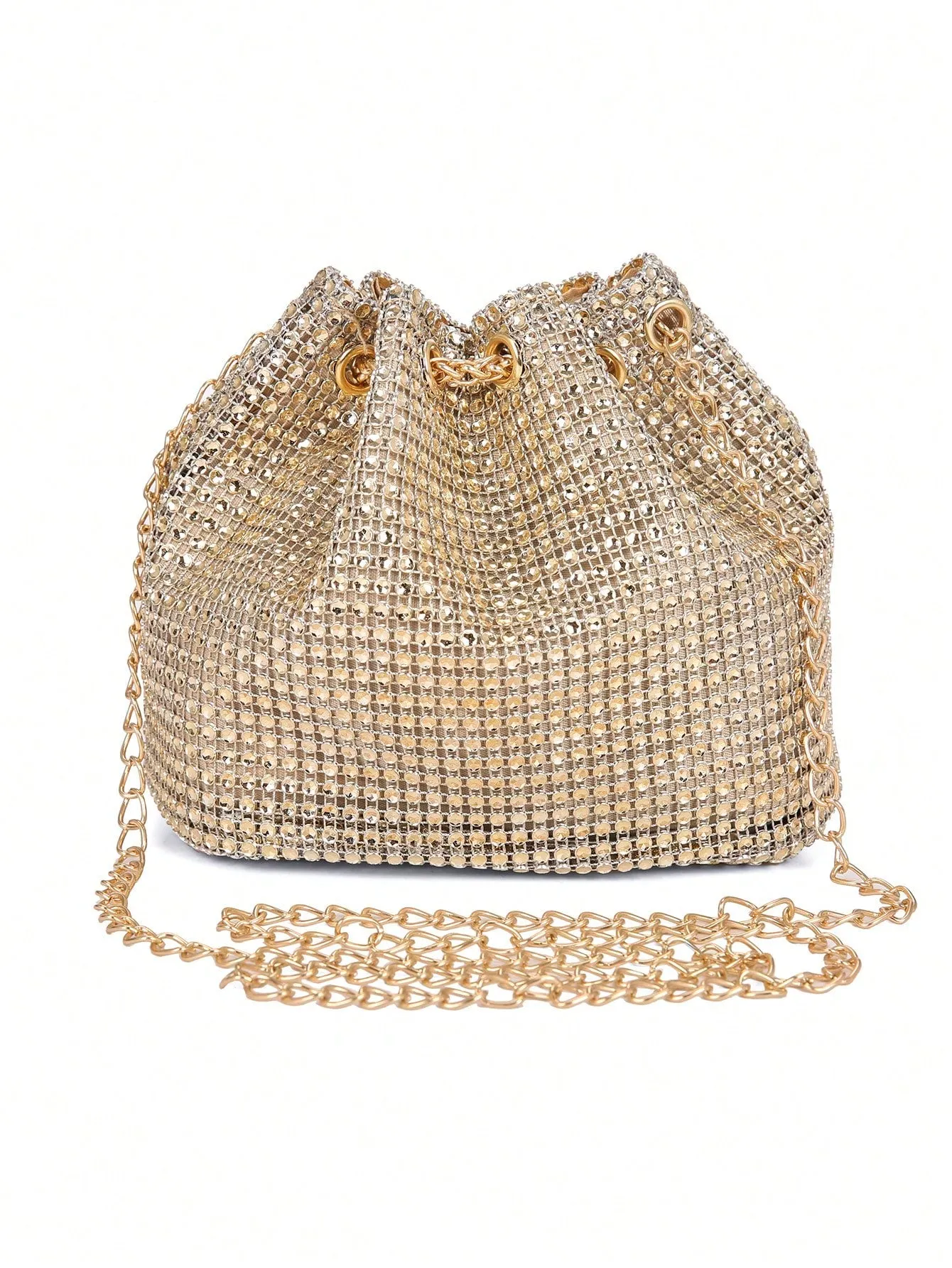 Mini Drawstring Design Rhinestone Decor Bucket Bag - Gold- FD ⚡
