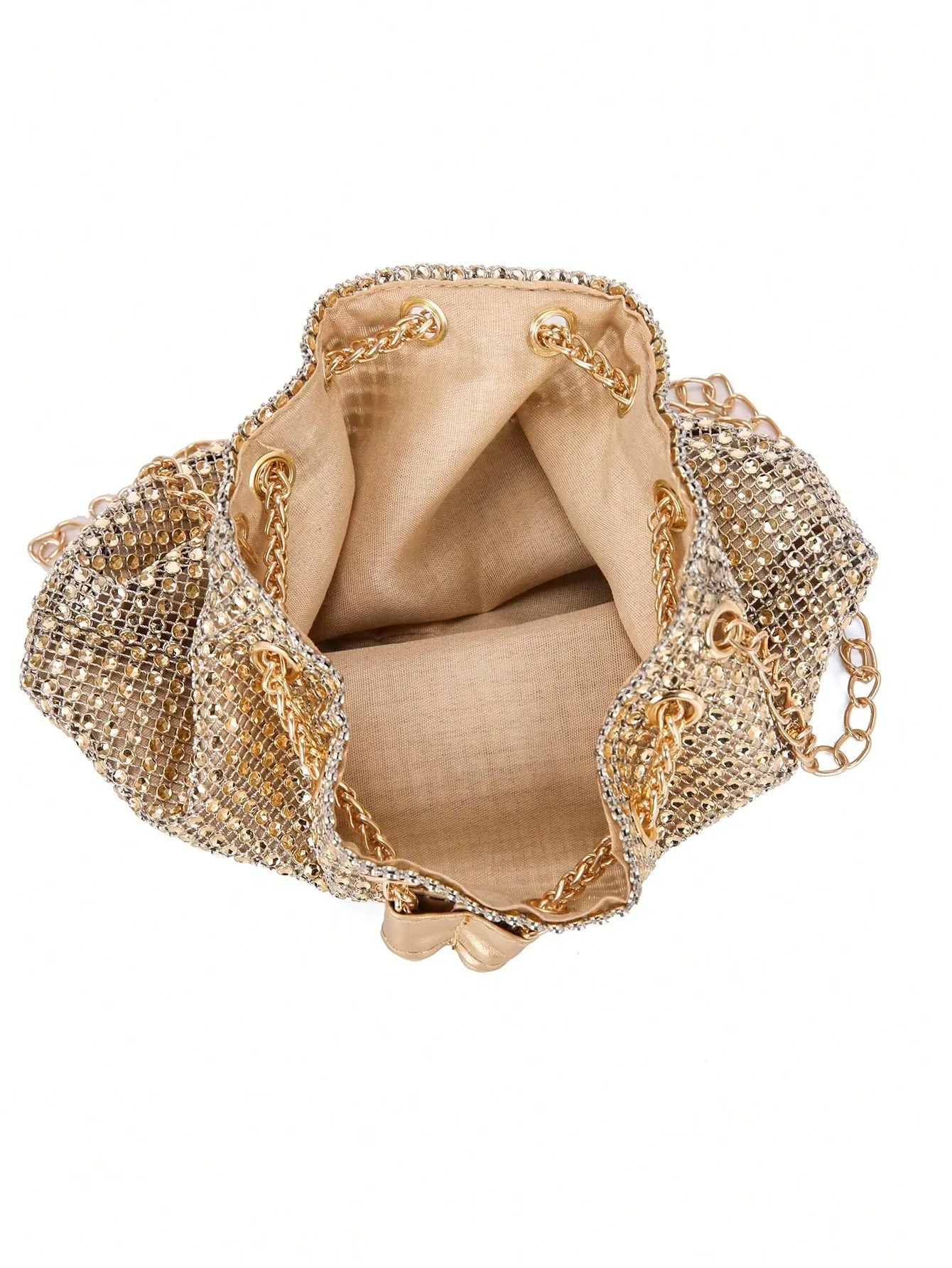 Mini Drawstring Design Rhinestone Decor Bucket Bag - Gold- FD ⚡
