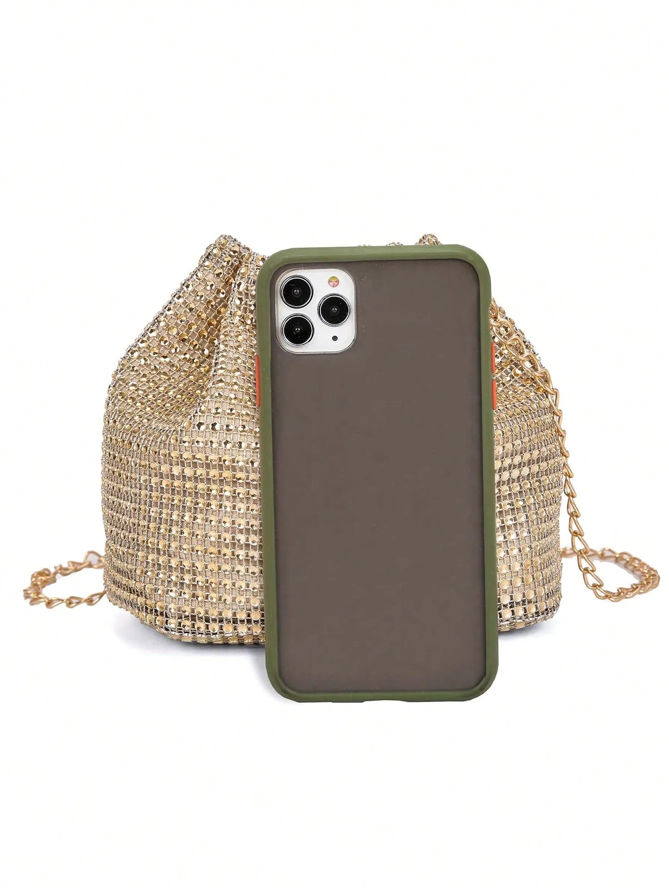 Mini Drawstring Design Rhinestone Decor Bucket Bag - Gold- FD ⚡