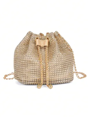 Mini Drawstring Design Rhinestone Decor Bucket Bag - Gold- FD ⚡