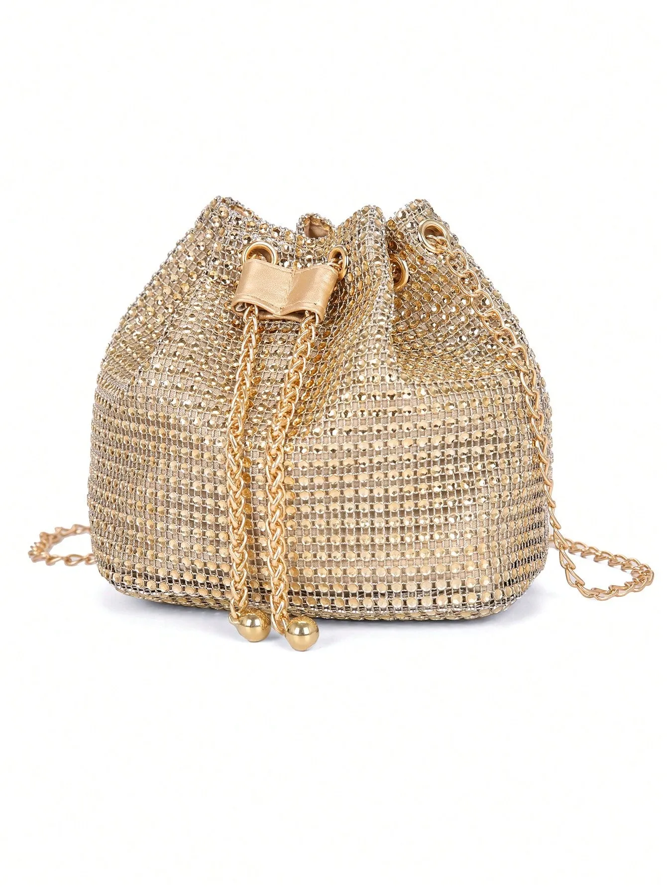 Mini Drawstring Design Rhinestone Decor Bucket Bag - Gold- FD ⚡