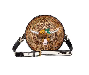 Myra Bag Bloomin' Steer Hand-tooled Round Bag