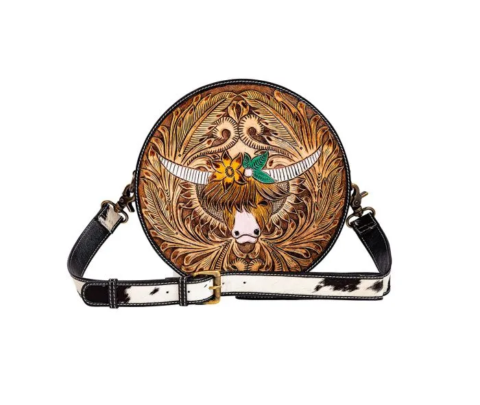 Myra Bag Bloomin' Steer Hand-tooled Round Bag