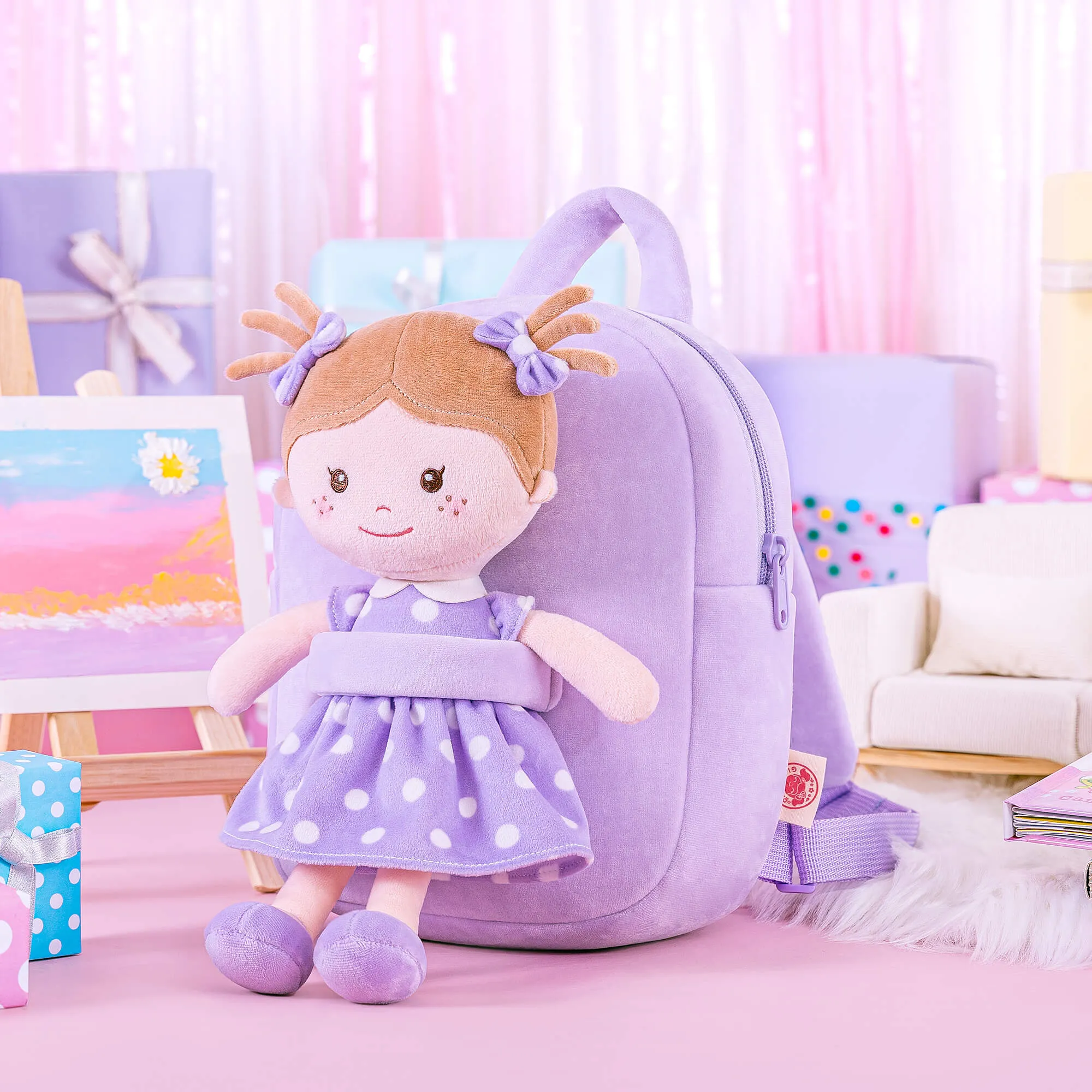Onetoo 9-inch Toddler Girl Backpacks Girls Gift Polka Dot Series Dolls Backpack Purple