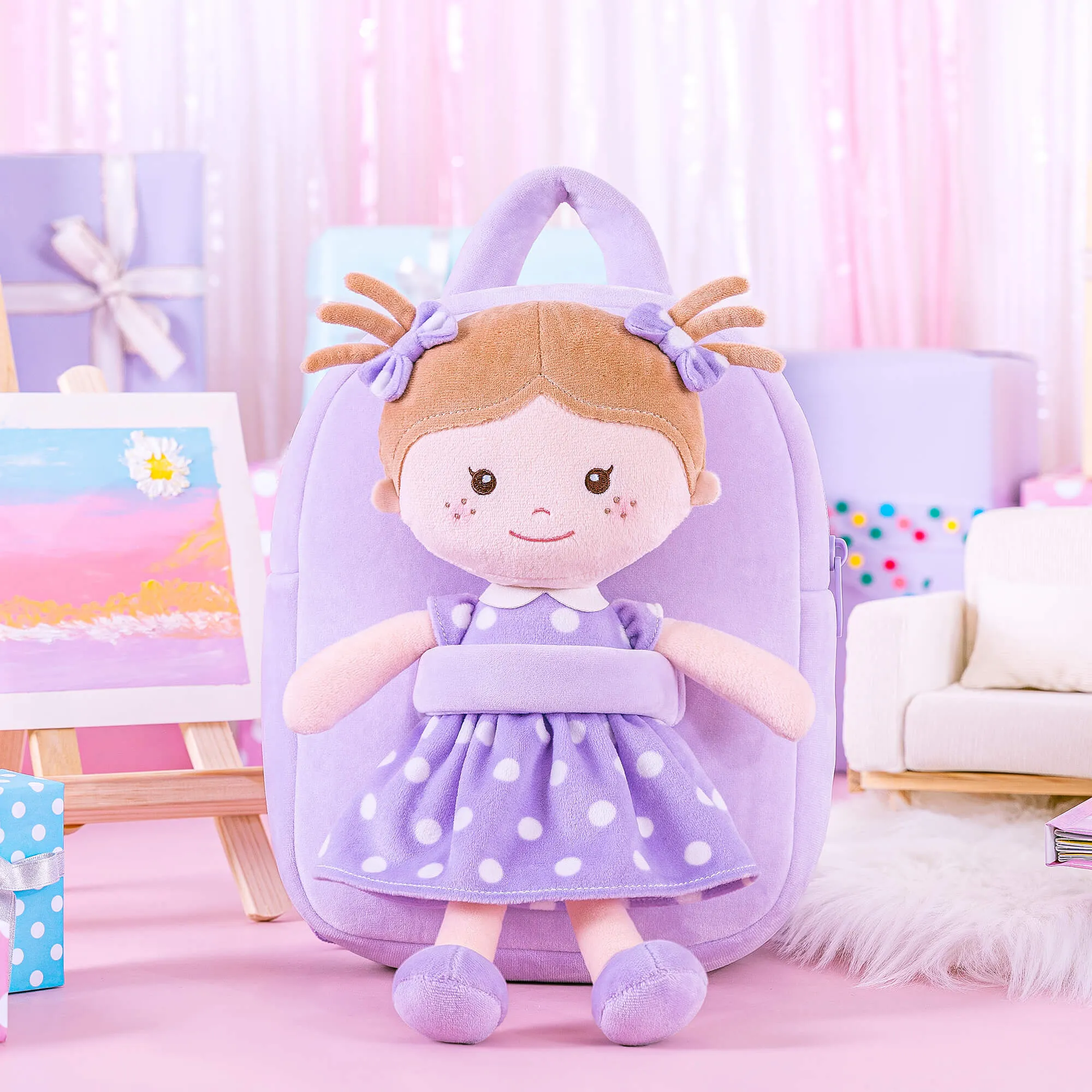 Onetoo 9-inch Toddler Girl Backpacks Girls Gift Polka Dot Series Dolls Backpack Purple