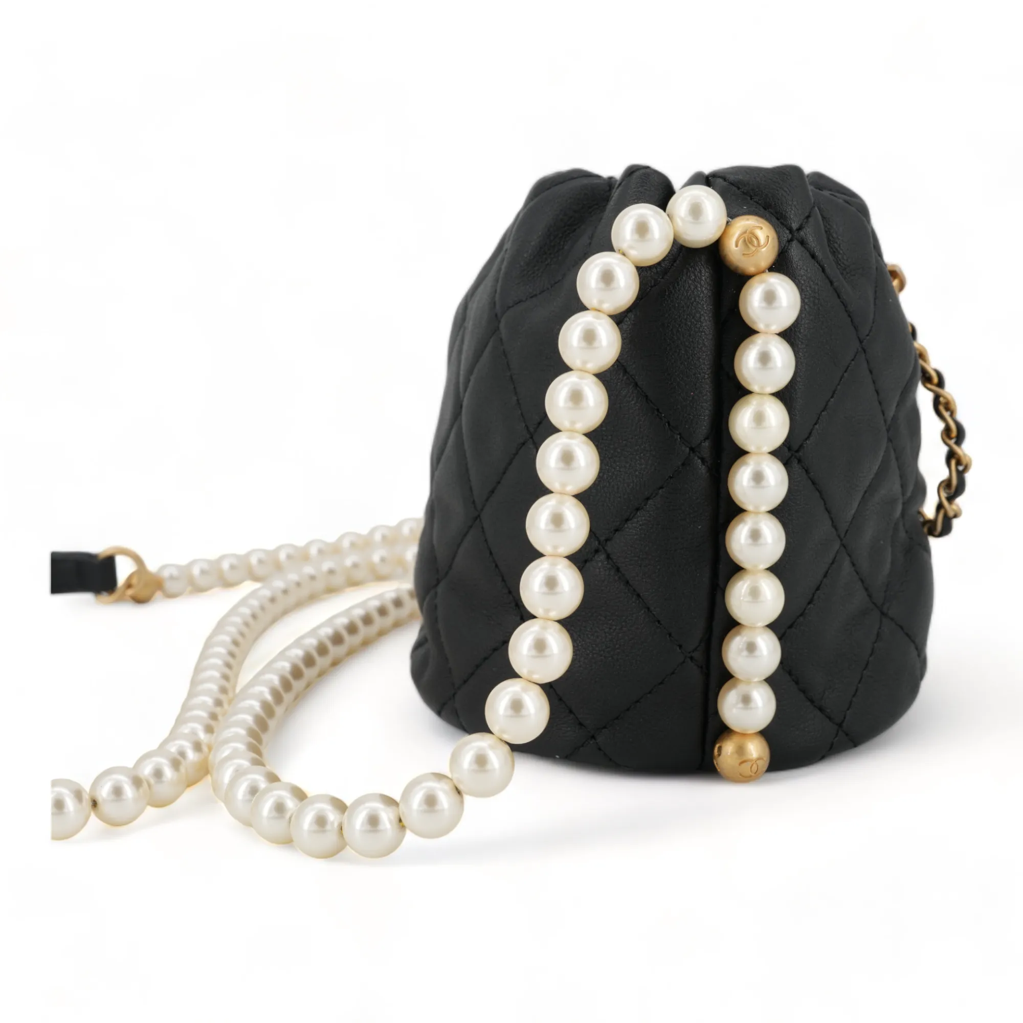 Pearl Chain Drawstring Mini Bucket Bag in Black Lambskin