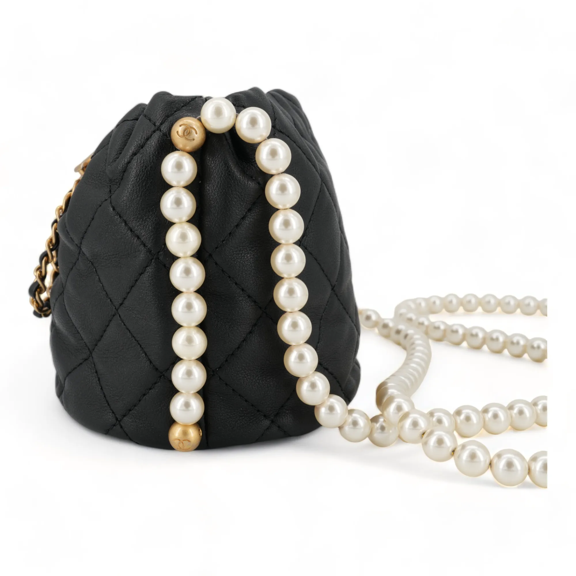 Pearl Chain Drawstring Mini Bucket Bag in Black Lambskin