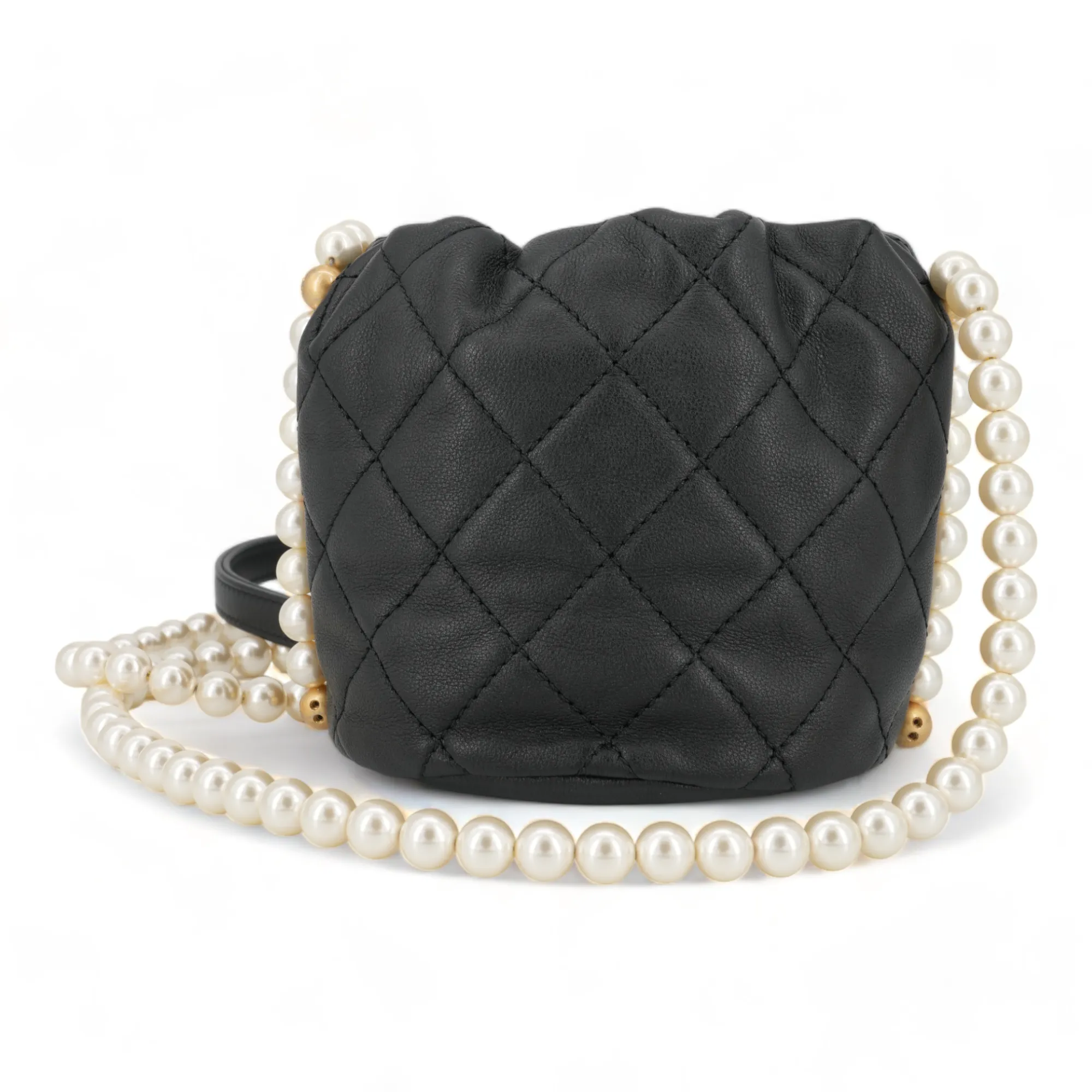 Pearl Chain Drawstring Mini Bucket Bag in Black Lambskin