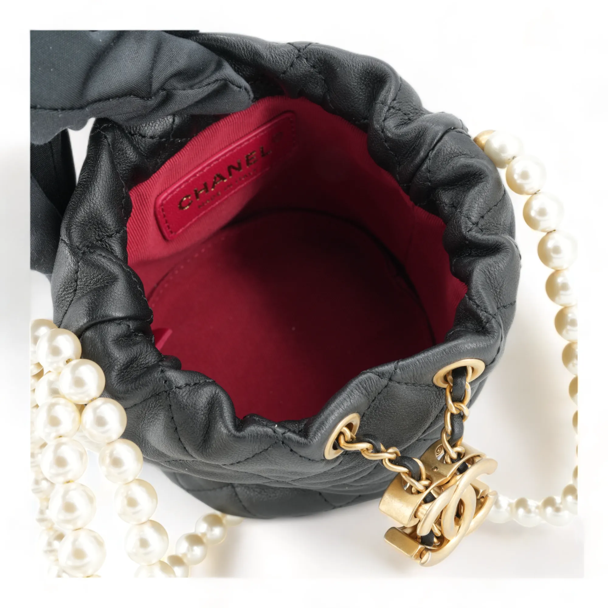 Pearl Chain Drawstring Mini Bucket Bag in Black Lambskin