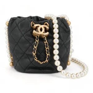Pearl Chain Drawstring Mini Bucket Bag in Black Lambskin