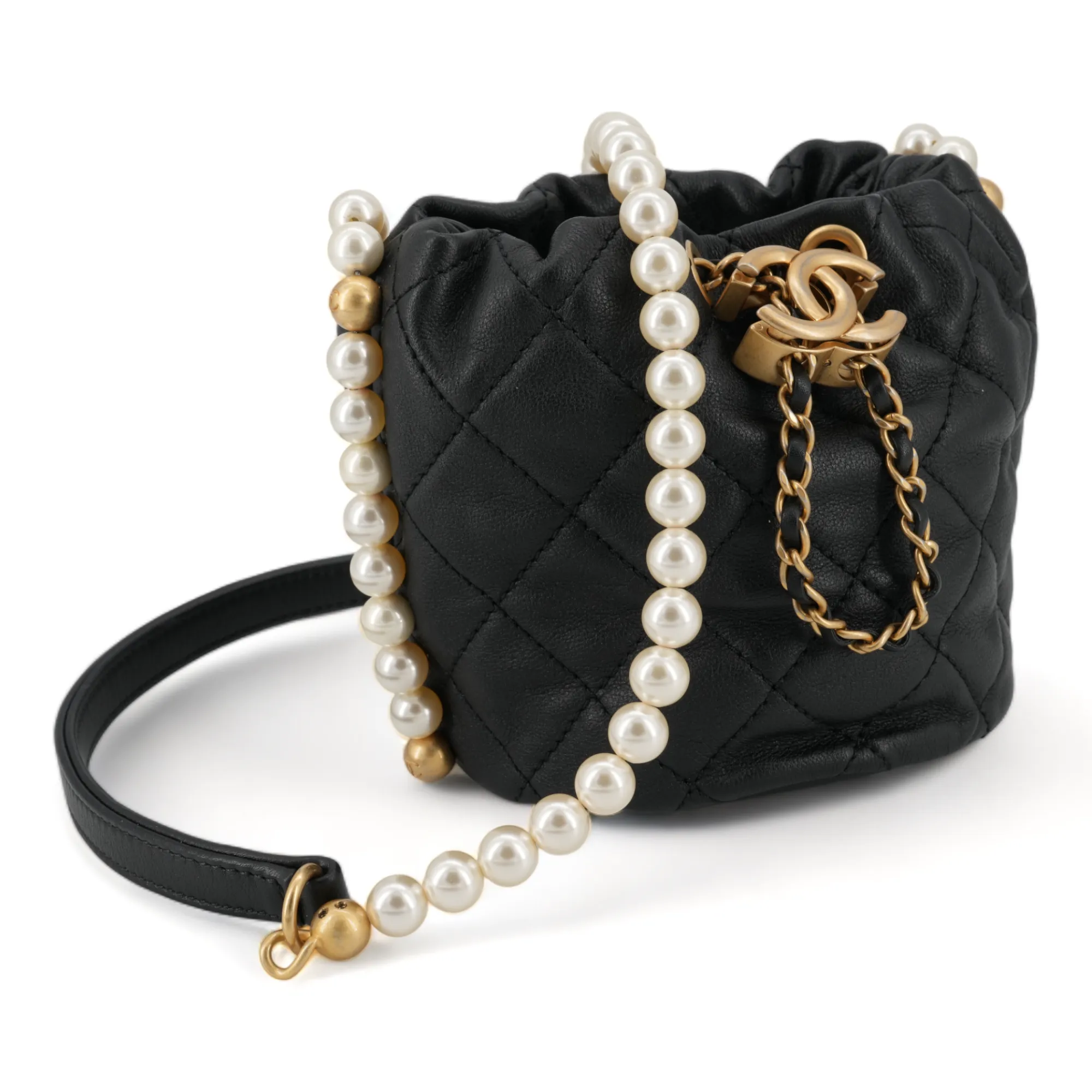 Pearl Chain Drawstring Mini Bucket Bag in Black Lambskin