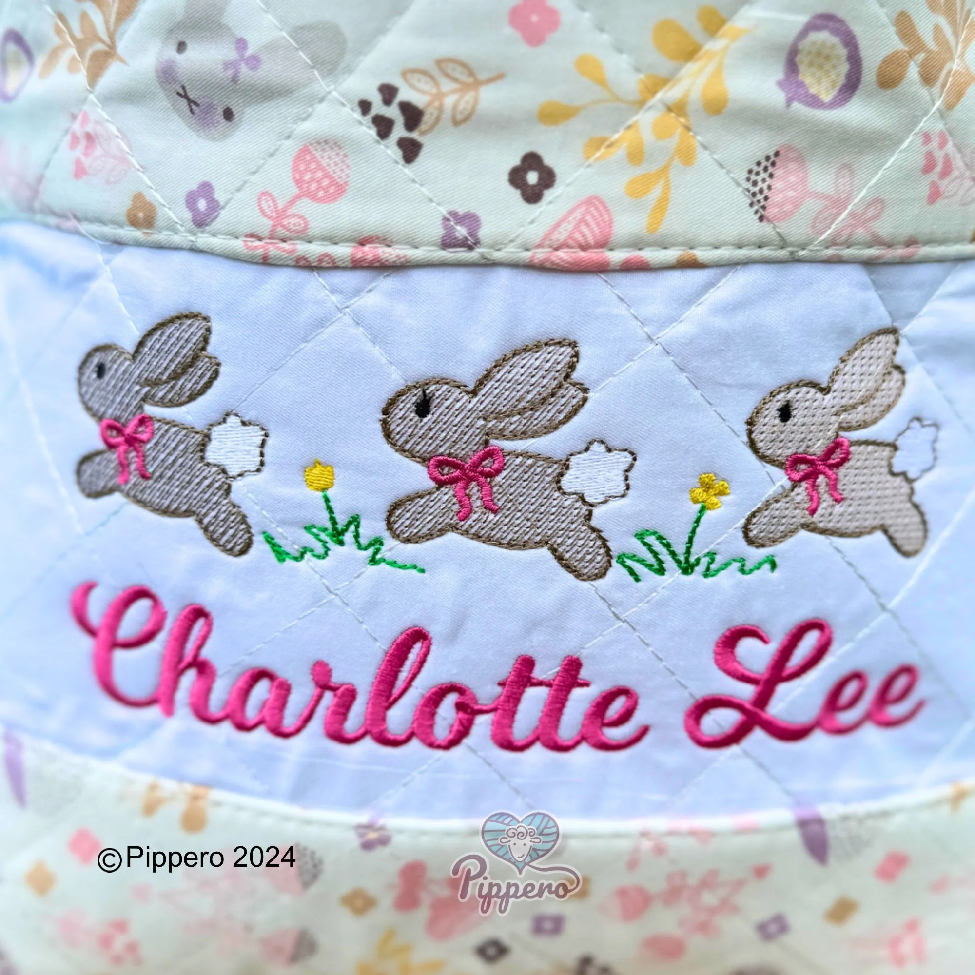 Personalized Custom Embroidered Quilted Bunny Easter Bag Basket Bucket Tote Blue or Pink Three Bunny Bow Design Kid’s Gift for Boy or Girl