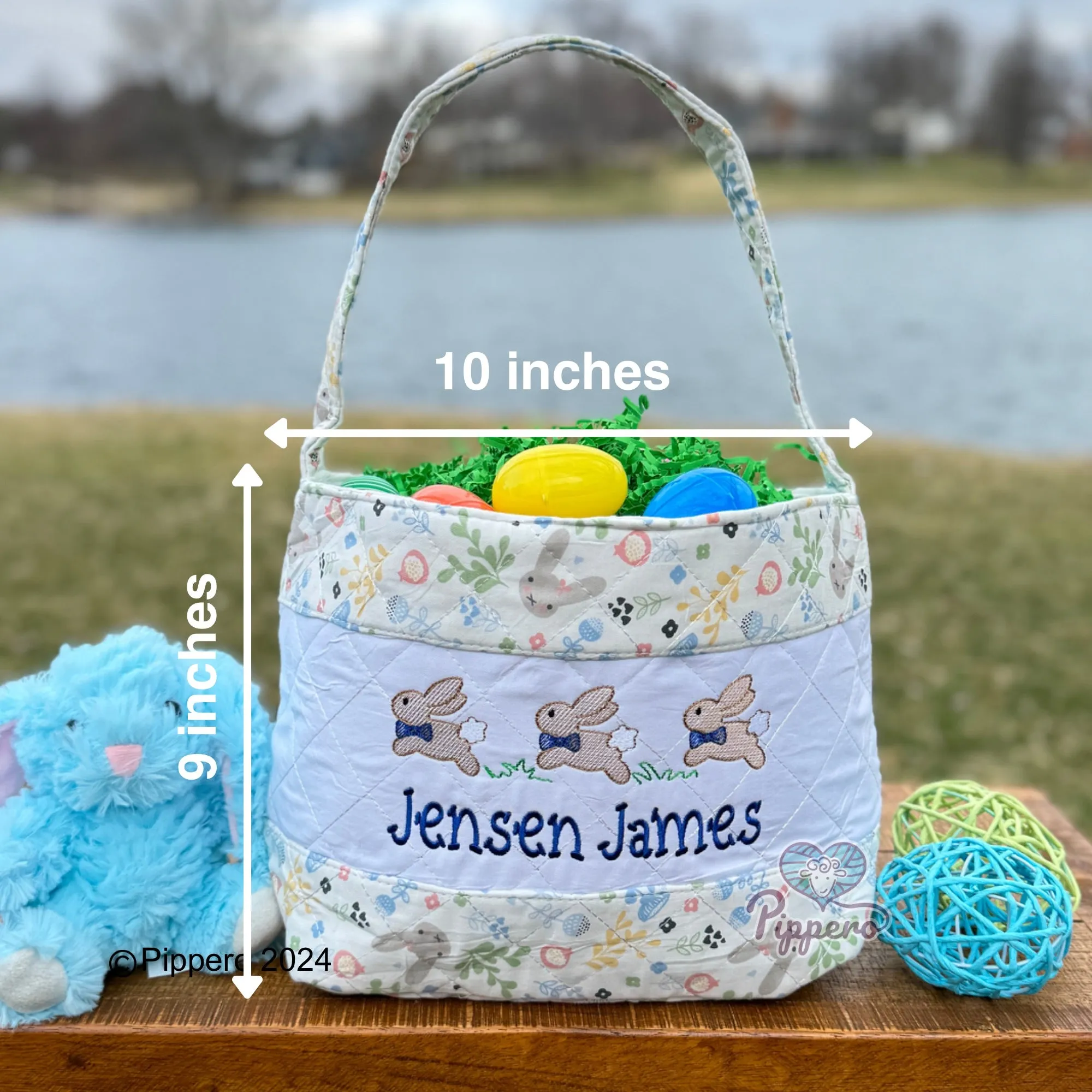 Personalized Custom Embroidered Quilted Bunny Easter Bag Basket Bucket Tote Blue or Pink Three Bunny Bow Design Kid’s Gift for Boy or Girl