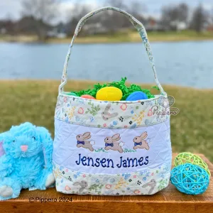 Personalized Custom Embroidered Quilted Bunny Easter Bag Basket Bucket Tote Blue or Pink Three Bunny Bow Design Kid’s Gift for Boy or Girl