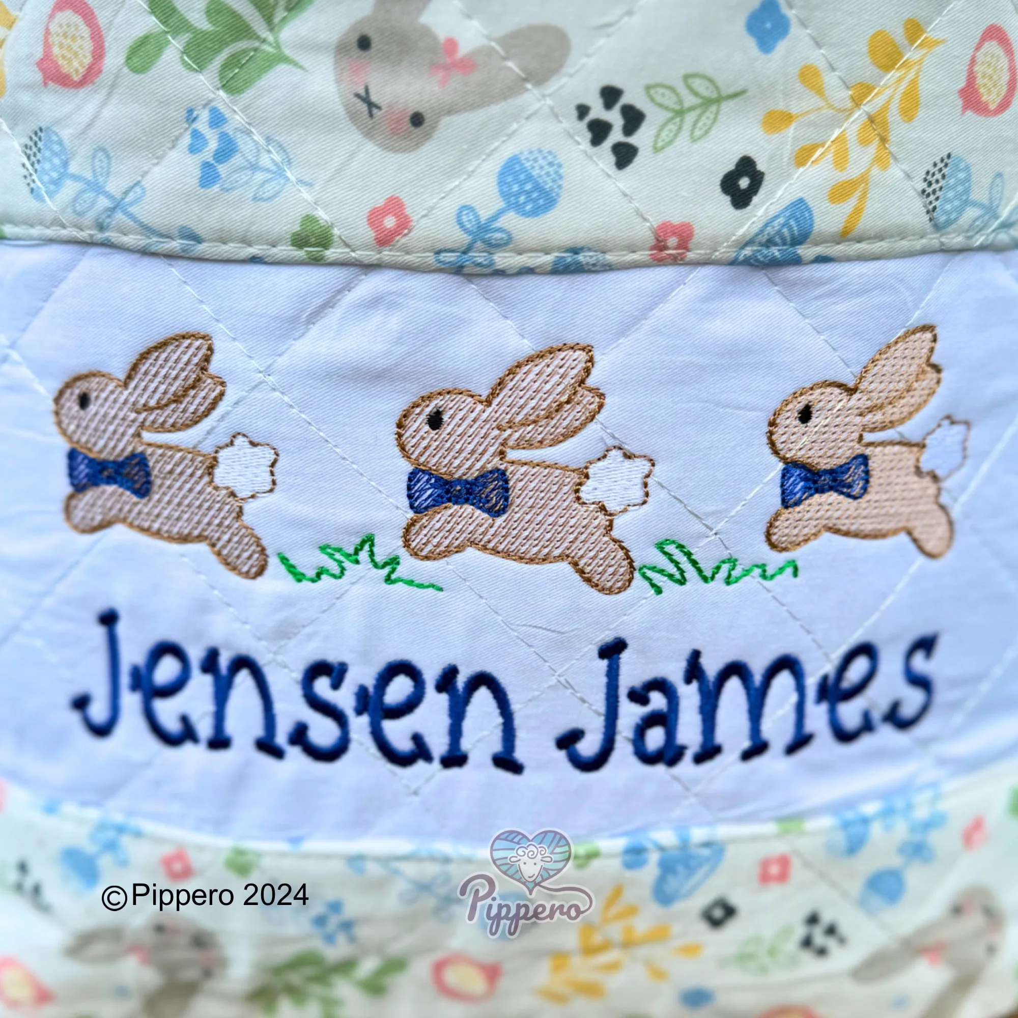 Personalized Custom Embroidered Quilted Bunny Easter Bag Basket Bucket Tote Blue or Pink Three Bunny Bow Design Kid’s Gift for Boy or Girl