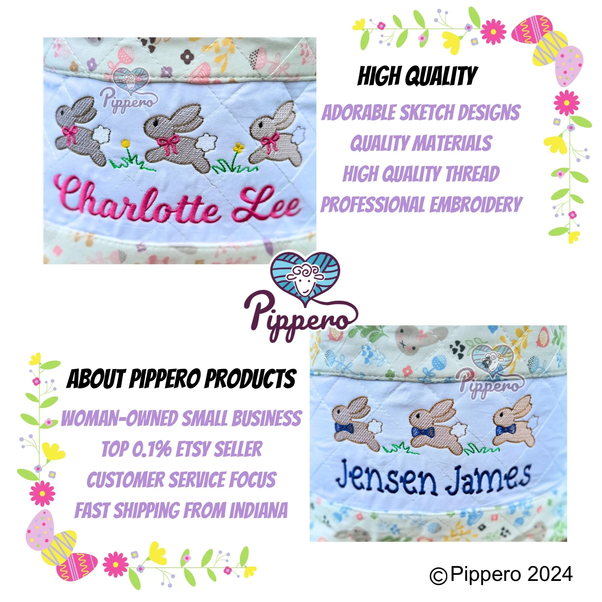 Personalized Custom Embroidered Quilted Bunny Easter Bag Basket Bucket Tote Blue or Pink Three Bunny Bow Design Kid’s Gift for Boy or Girl