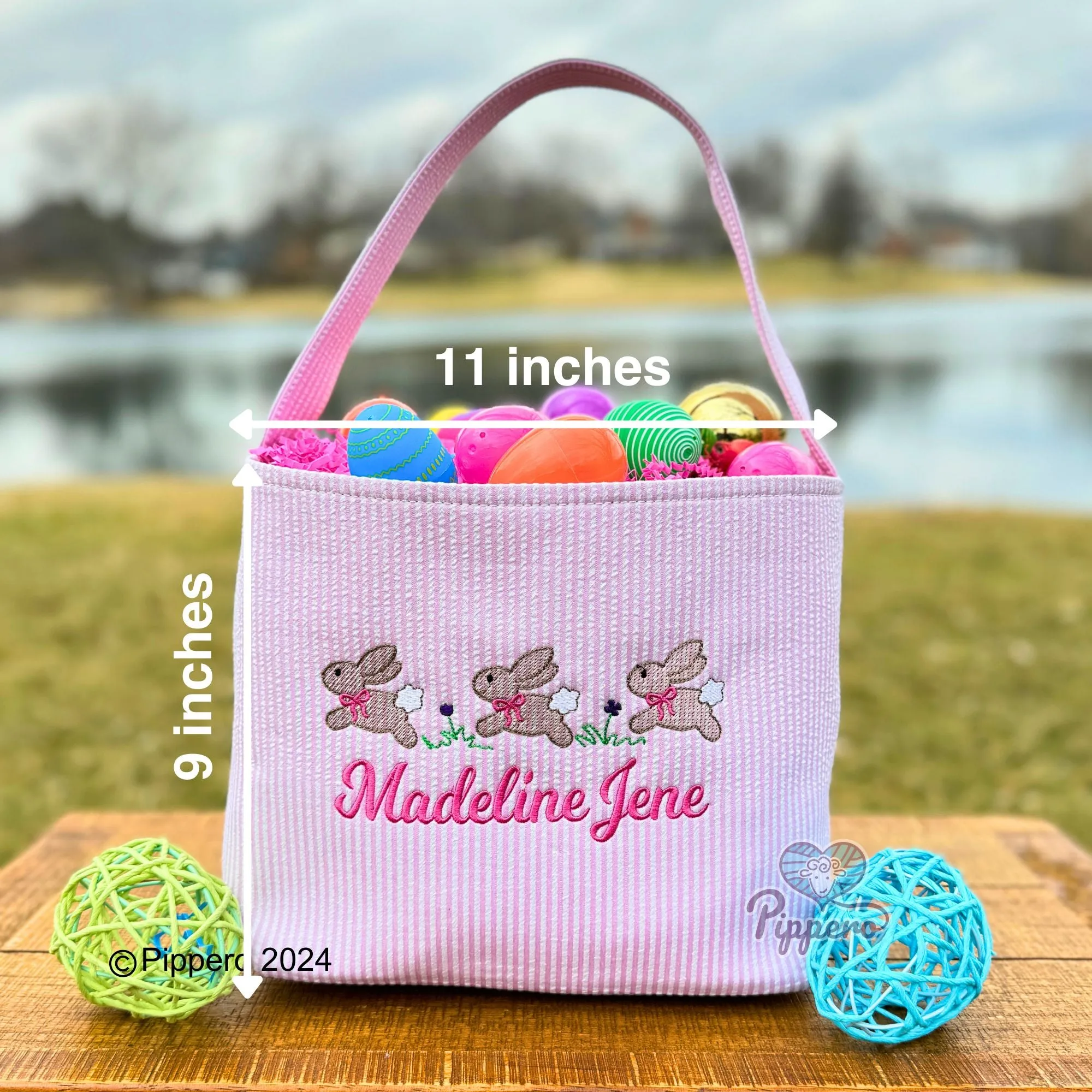 Personalized Custom Embroidered Striped Easter Bag Basket Bucket Tote Blue or Pink Three Bunny with Bow Design Kid’s Gift for Boy or Girl