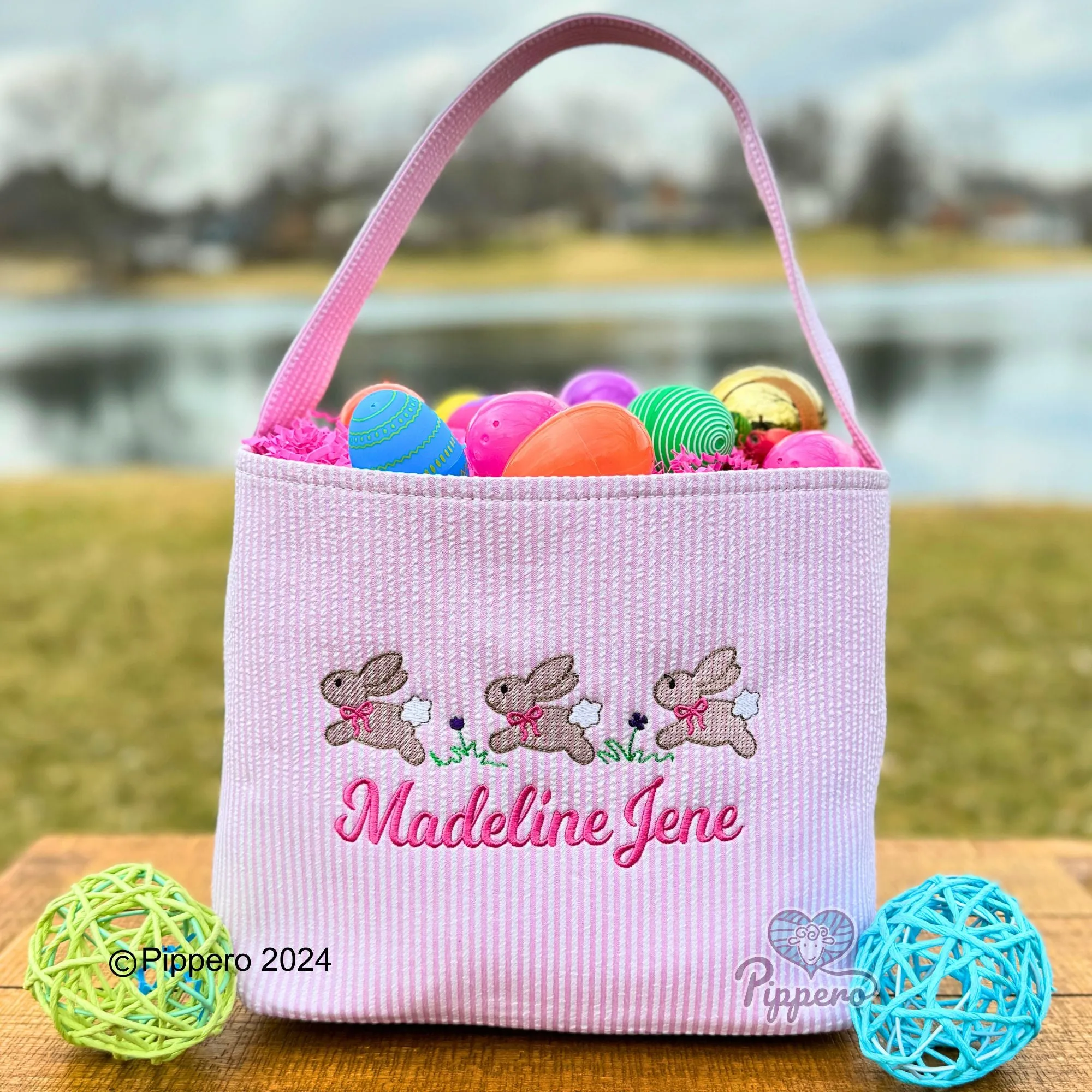 Personalized Custom Embroidered Striped Easter Bag Basket Bucket Tote Blue or Pink Three Bunny with Bow Design Kid’s Gift for Boy or Girl
