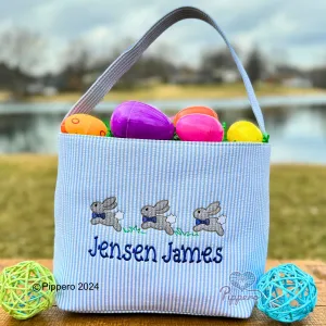 Personalized Custom Embroidered Striped Easter Bag Basket Bucket Tote Blue or Pink Three Bunny with Bow Design Kid’s Gift for Boy or Girl