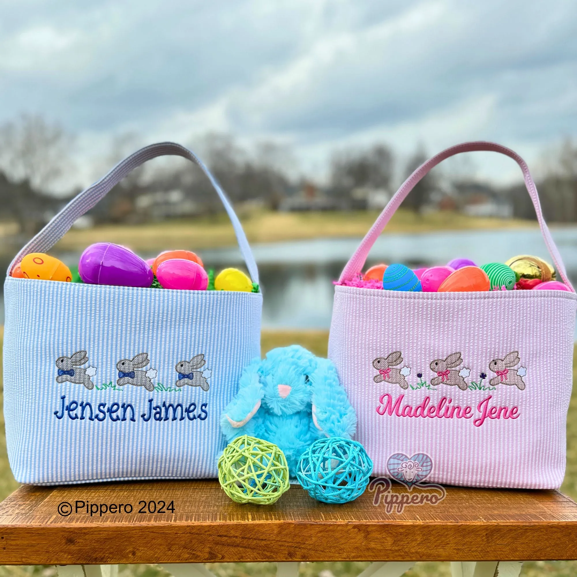 Personalized Custom Embroidered Striped Easter Bag Basket Bucket Tote Blue or Pink Three Bunny with Bow Design Kid’s Gift for Boy or Girl