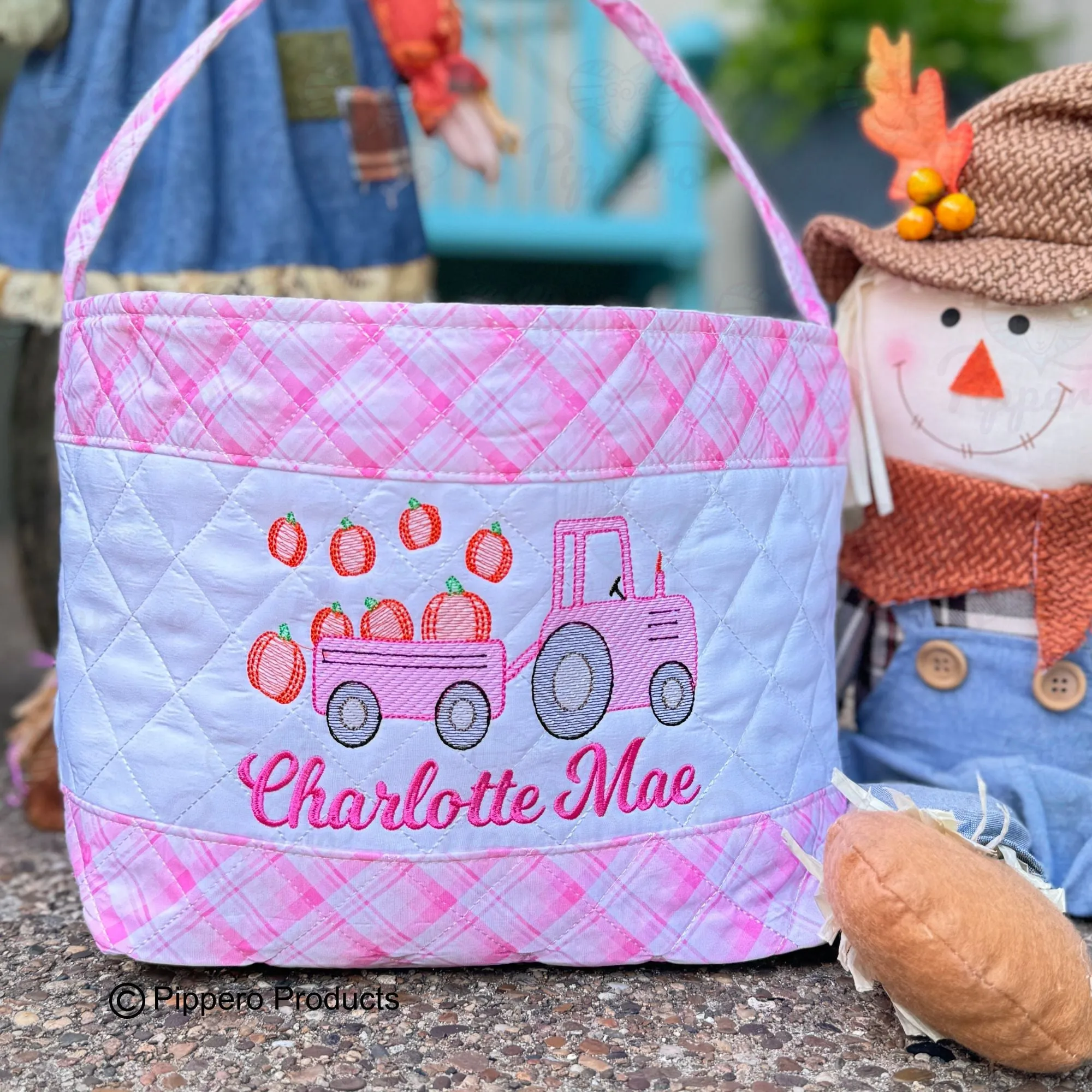 Personalized Embroidered Quilted Plaid Trick or Treat Halloween Candy Bag Basket Bucket Tote with Tractor Design Gift for Boy or Girl