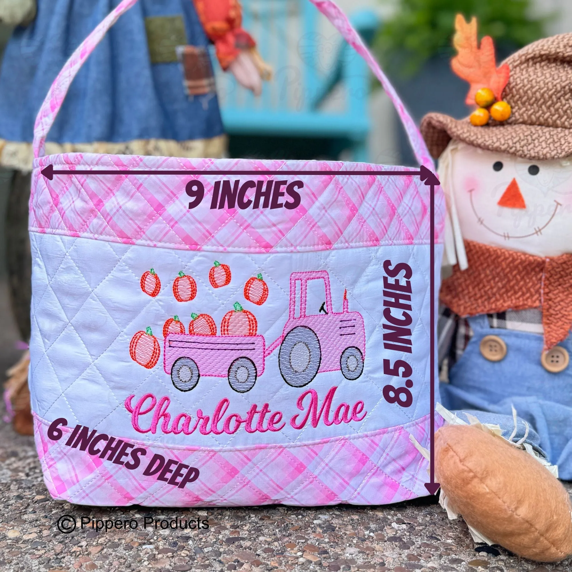 Personalized Embroidered Quilted Plaid Trick or Treat Halloween Candy Bag Basket Bucket Tote with Tractor Design Gift for Boy or Girl