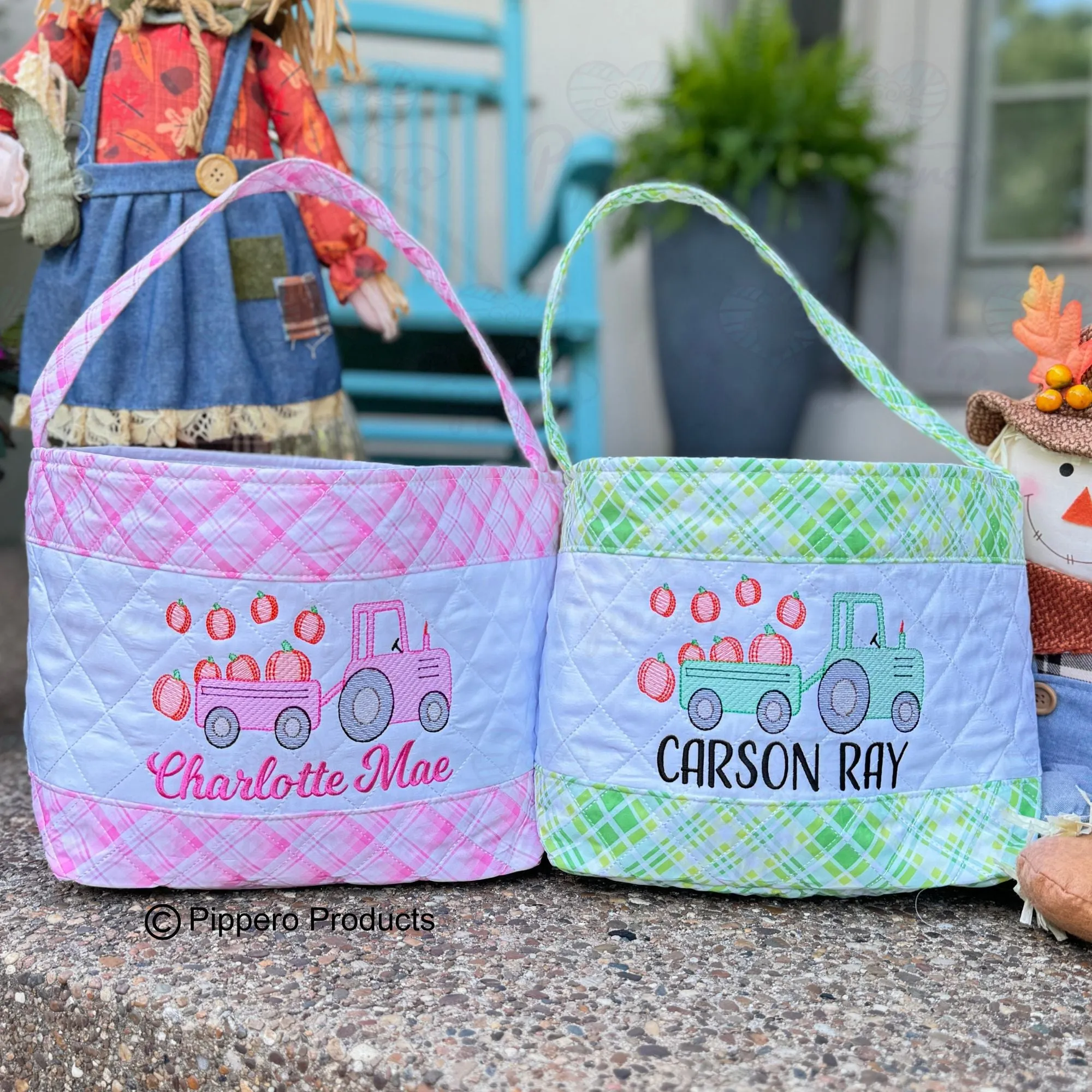 Personalized Embroidered Quilted Plaid Trick or Treat Halloween Candy Bag Basket Bucket Tote with Tractor Design Gift for Boy or Girl