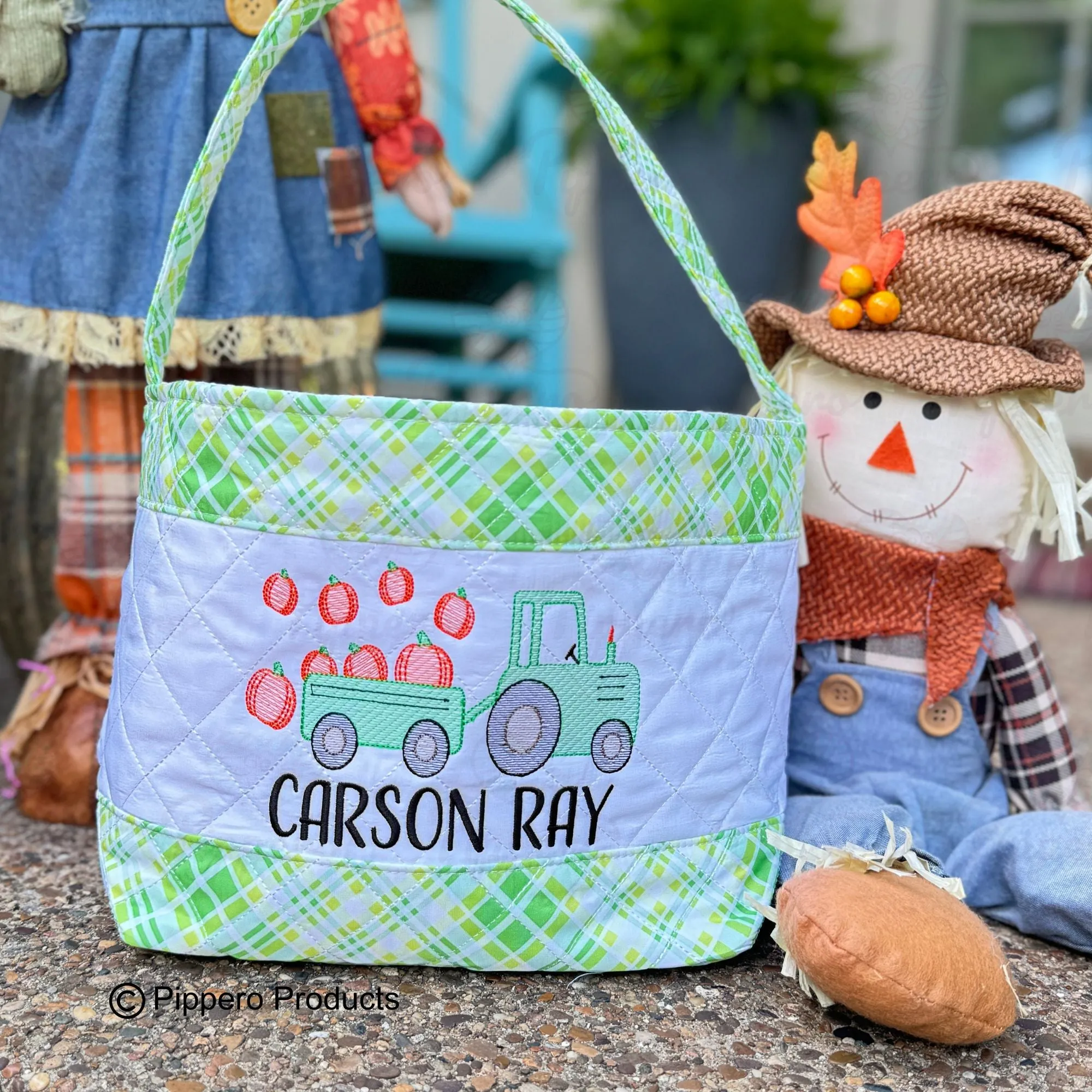 Personalized Embroidered Quilted Plaid Trick or Treat Halloween Candy Bag Basket Bucket Tote with Tractor Design Gift for Boy or Girl