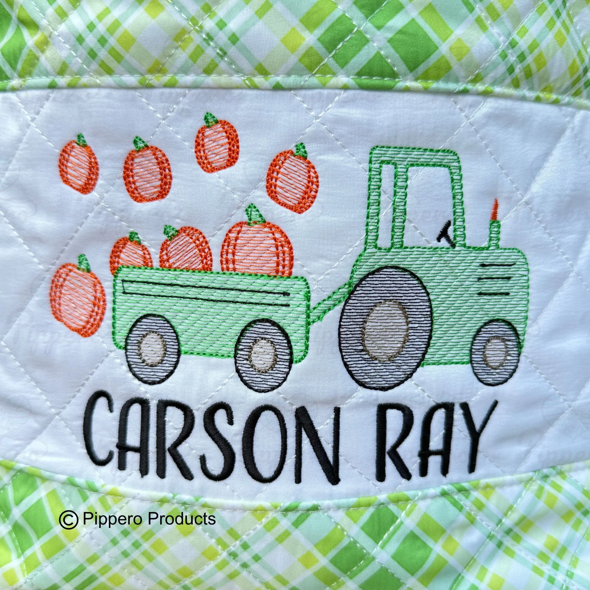 Personalized Embroidered Quilted Plaid Trick or Treat Halloween Candy Bag Basket Bucket Tote with Tractor Design Gift for Boy or Girl