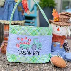 Personalized Embroidered Quilted Plaid Trick or Treat Halloween Candy Bag Basket Bucket Tote with Tractor Design Gift for Boy or Girl