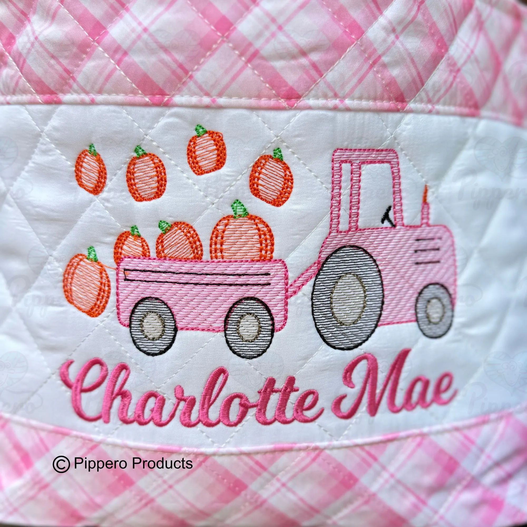 Personalized Embroidered Quilted Plaid Trick or Treat Halloween Candy Bag Basket Bucket Tote with Tractor Design Gift for Boy or Girl