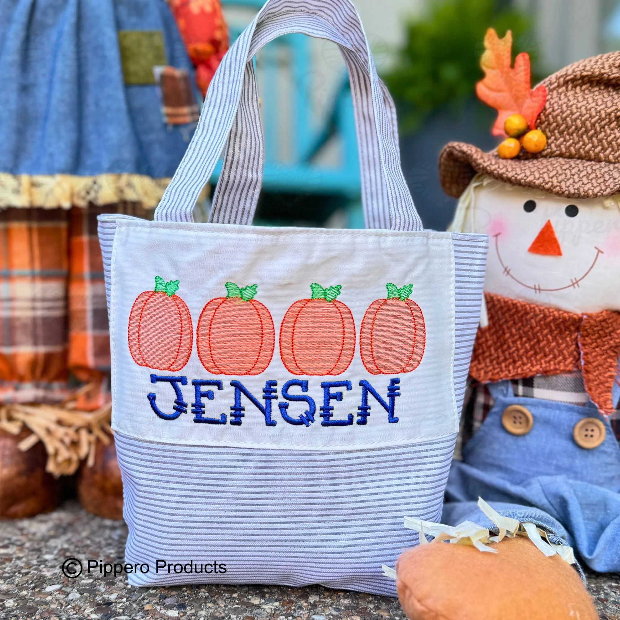 Personalized Embroidered Small Trick or Treat Halloween Candy Bag Basket Bucket Tote with Pumpkin Design Gift for Boy or Girl