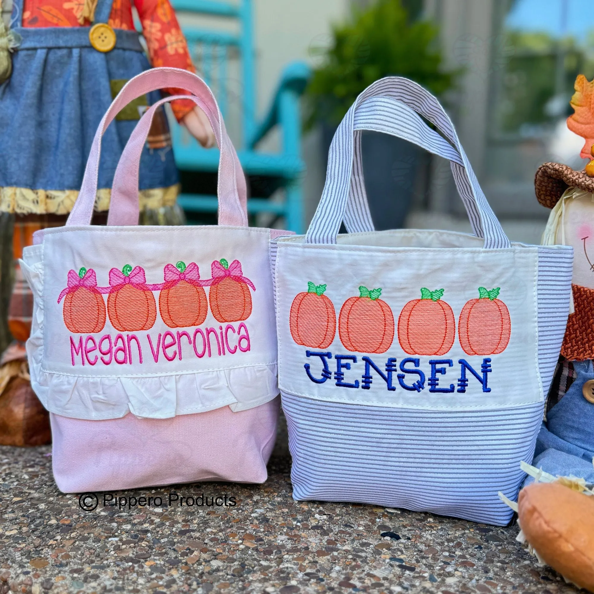 Personalized Embroidered Small Trick or Treat Halloween Candy Bag Basket Bucket Tote with Pumpkin Design Gift for Boy or Girl