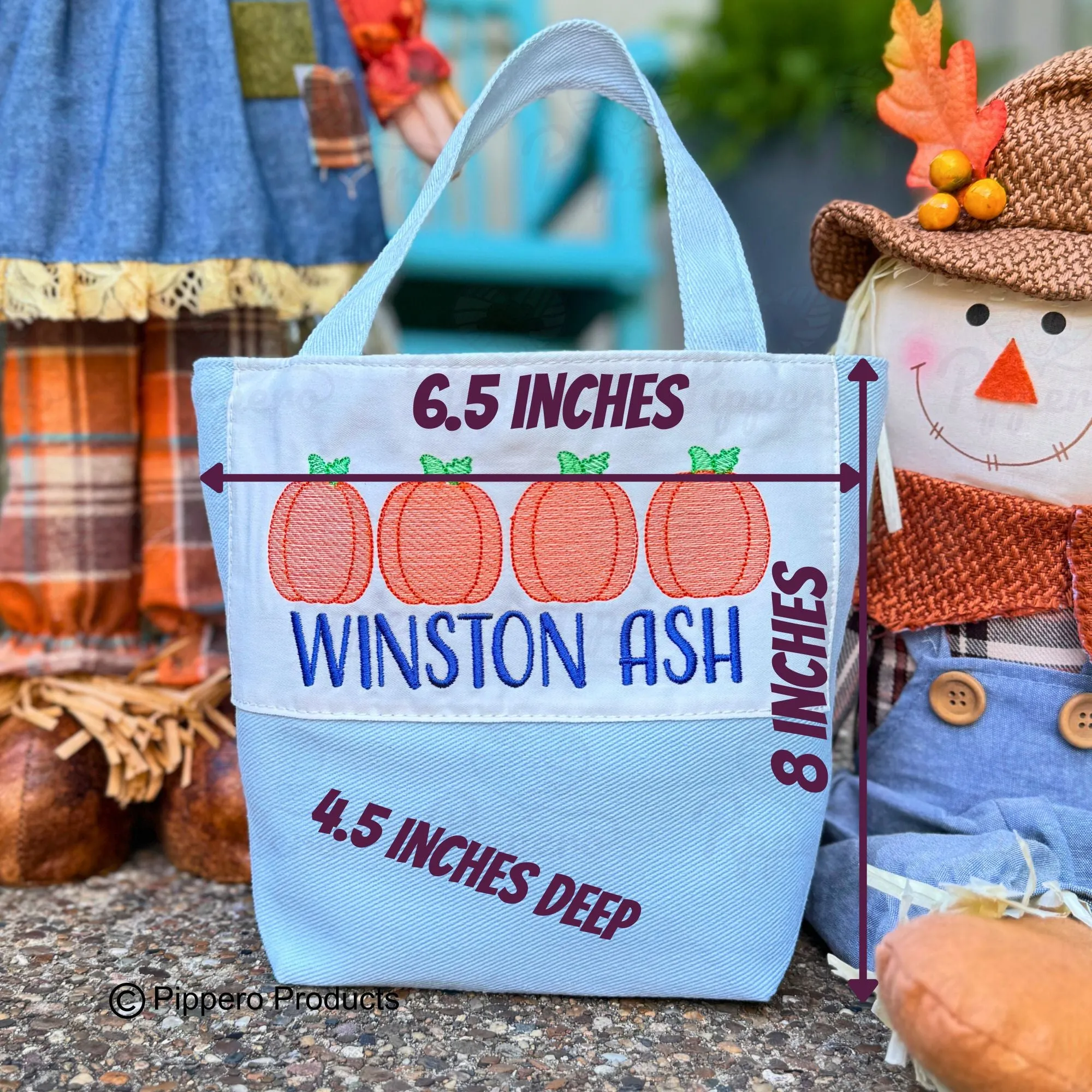 Personalized Embroidered Small Trick or Treat Halloween Candy Bag Basket Bucket Tote with Pumpkin Design Gift for Boy or Girl
