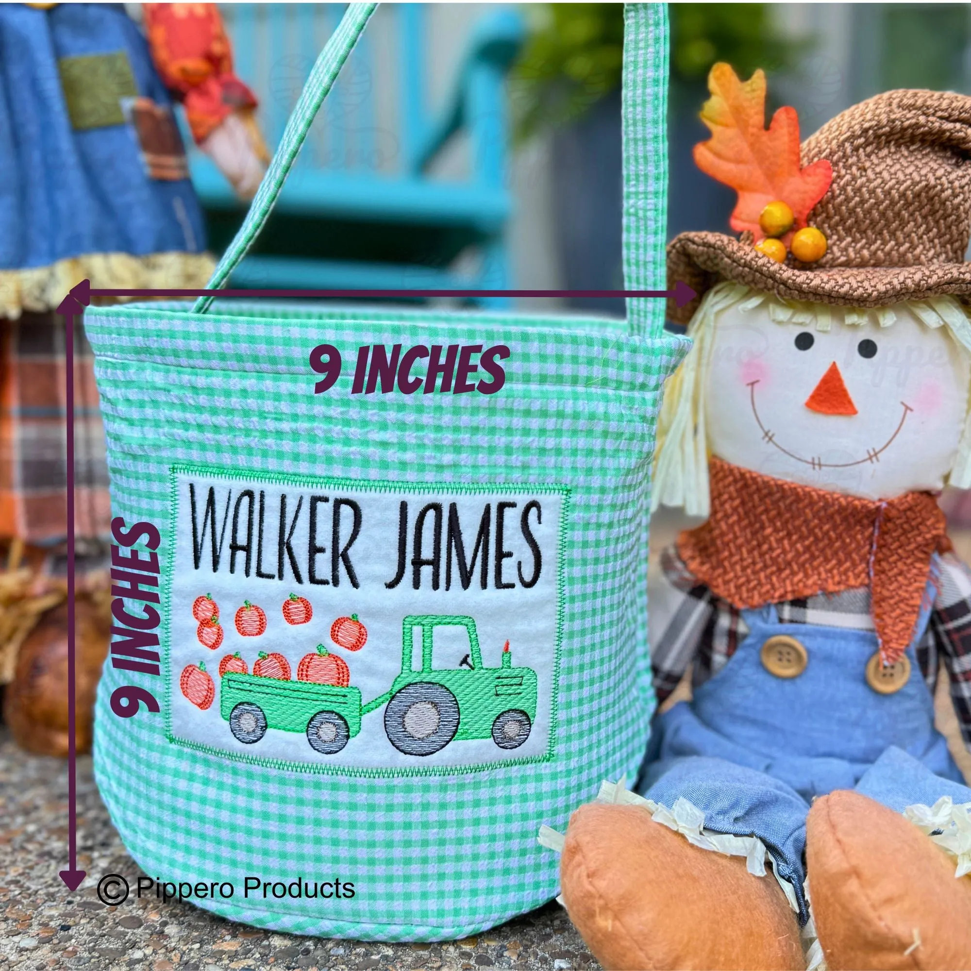 Personalized Embroidered Trick or Treat, Trunk or Treat Halloween Candy Bag Basket Bucket Tote with Gingham Tractor Design Gift for Boy or Girl