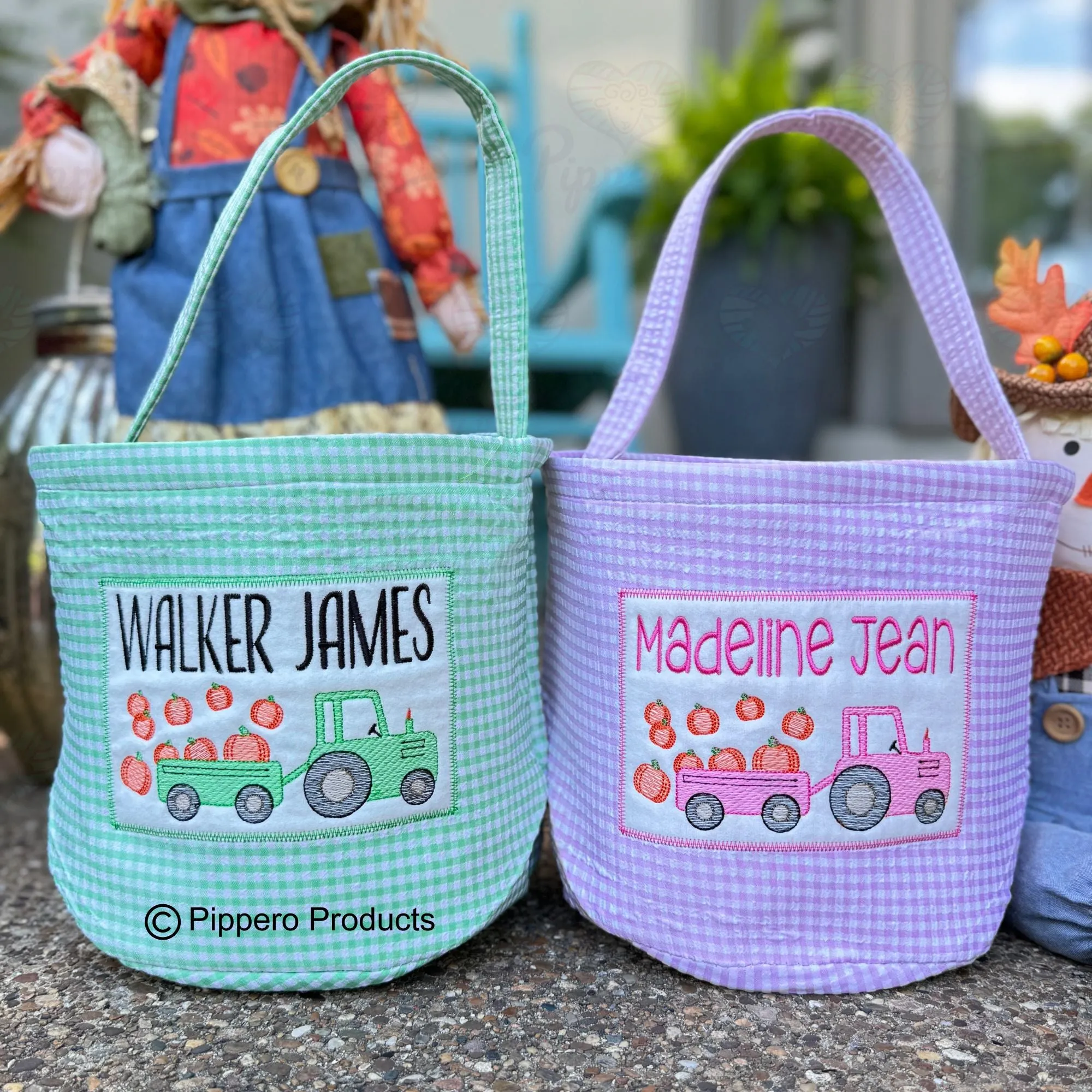 Personalized Embroidered Trick or Treat, Trunk or Treat Halloween Candy Bag Basket Bucket Tote with Gingham Tractor Design Gift for Boy or Girl