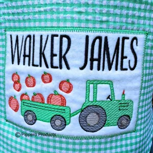 Personalized Embroidered Trick or Treat, Trunk or Treat Halloween Candy Bag Basket Bucket Tote with Gingham Tractor Design Gift for Boy or Girl