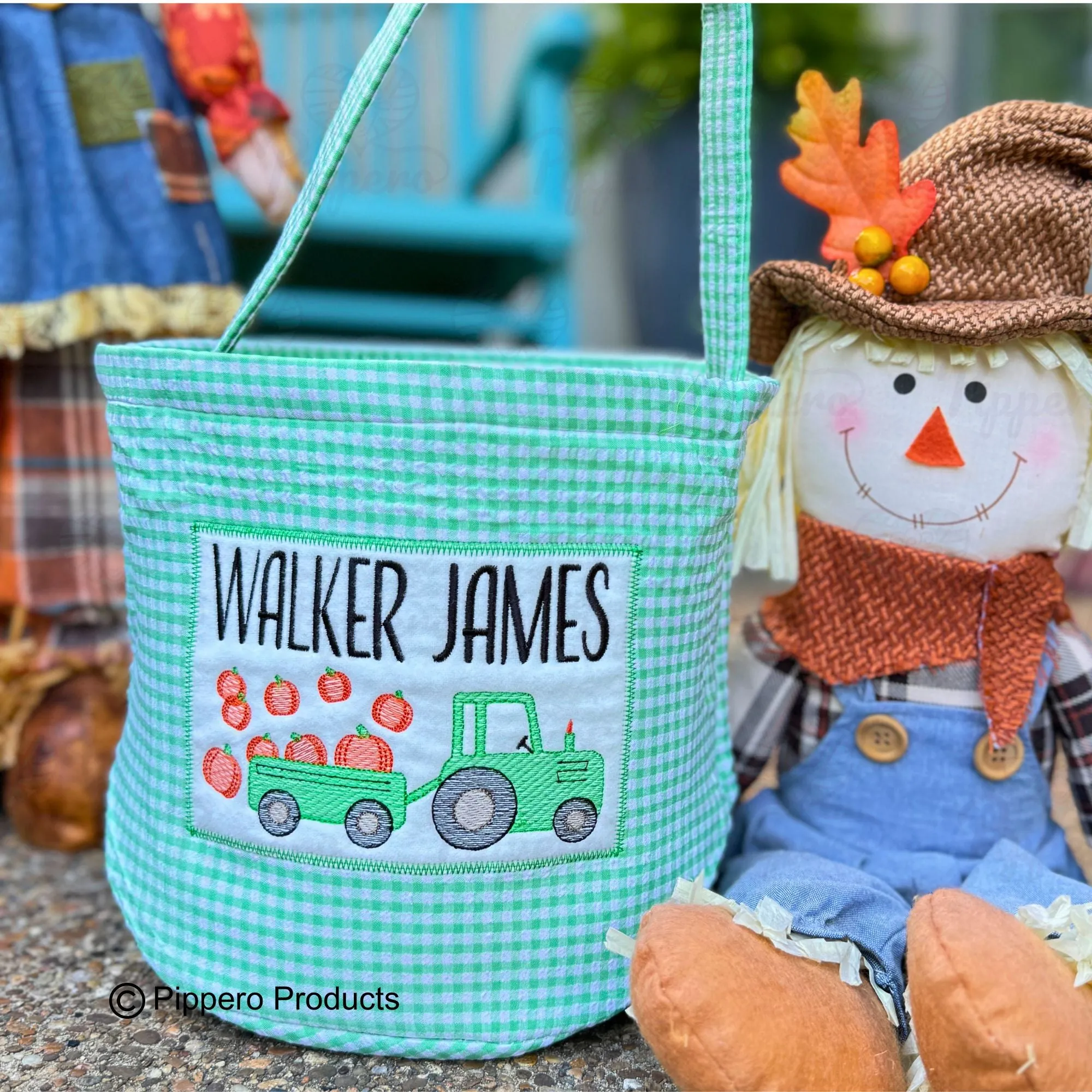 Personalized Embroidered Trick or Treat, Trunk or Treat Halloween Candy Bag Basket Bucket Tote with Gingham Tractor Design Gift for Boy or Girl