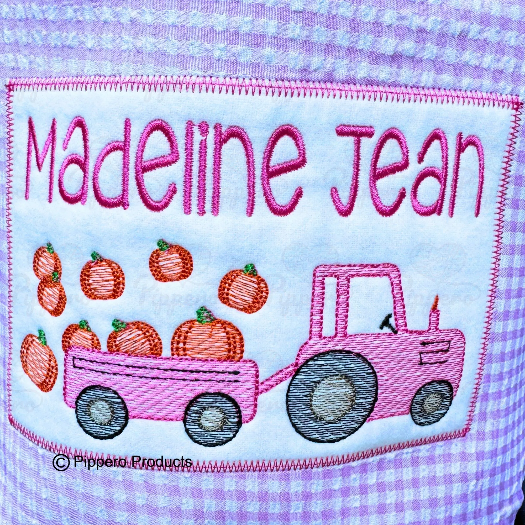 Personalized Embroidered Trick or Treat, Trunk or Treat Halloween Candy Bag Basket Bucket Tote with Gingham Tractor Design Gift for Boy or Girl