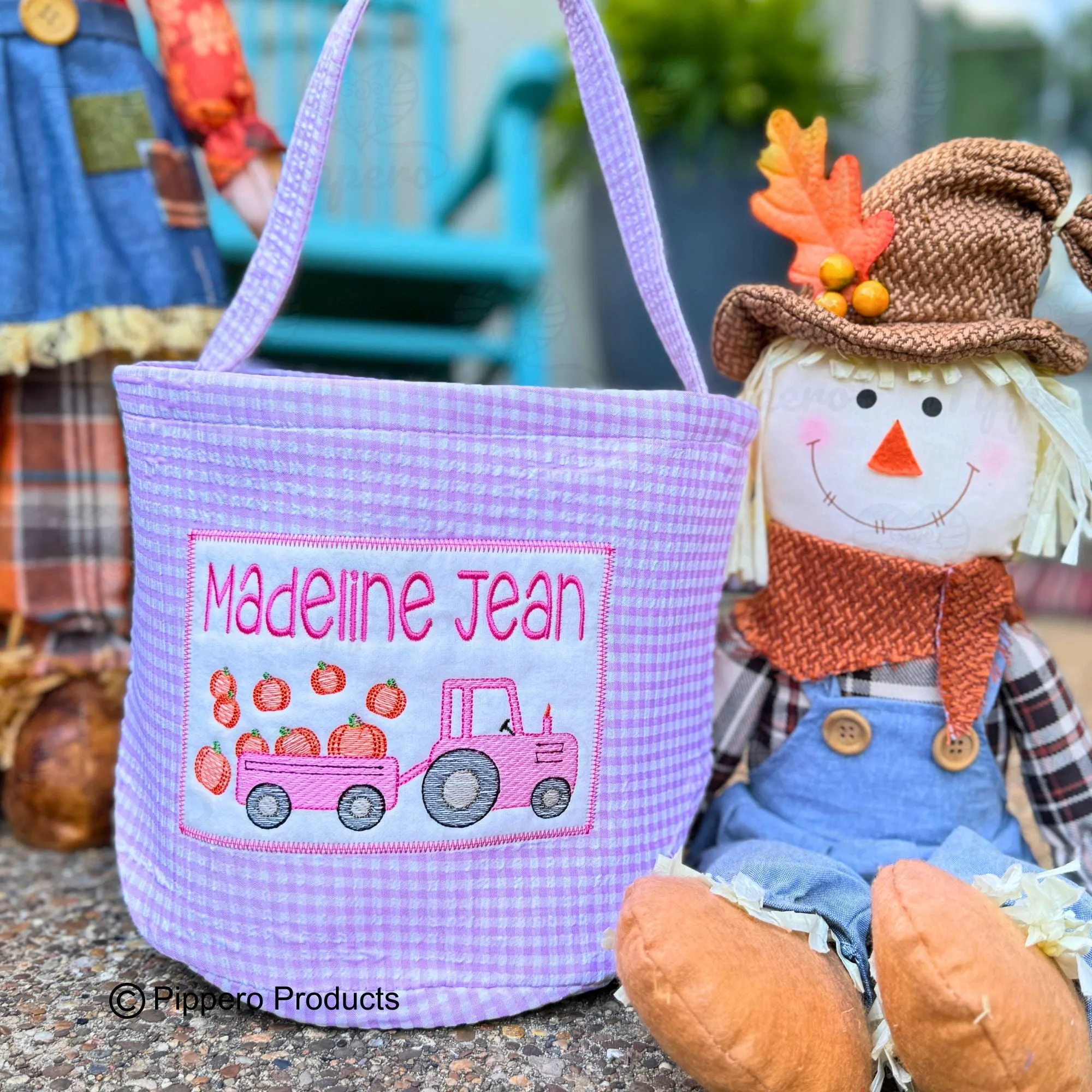 Personalized Embroidered Trick or Treat, Trunk or Treat Halloween Candy Bag Basket Bucket Tote with Gingham Tractor Design Gift for Boy or Girl