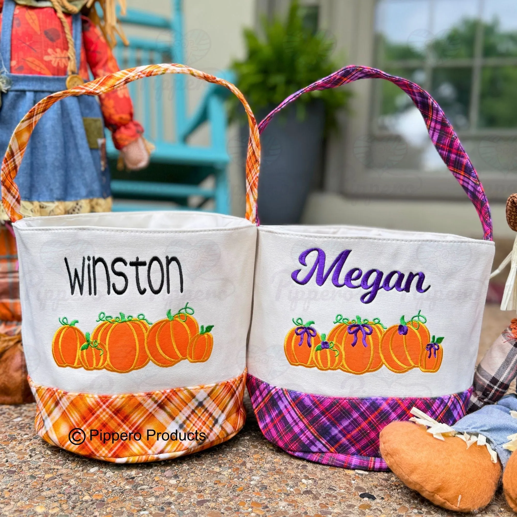 Personalized Embroidered Trick or Treat, Trunk or Treat Halloween Candy Bag Basket Bucket Tote with Plaid Pumpkin Design Gift for Boy or Girl