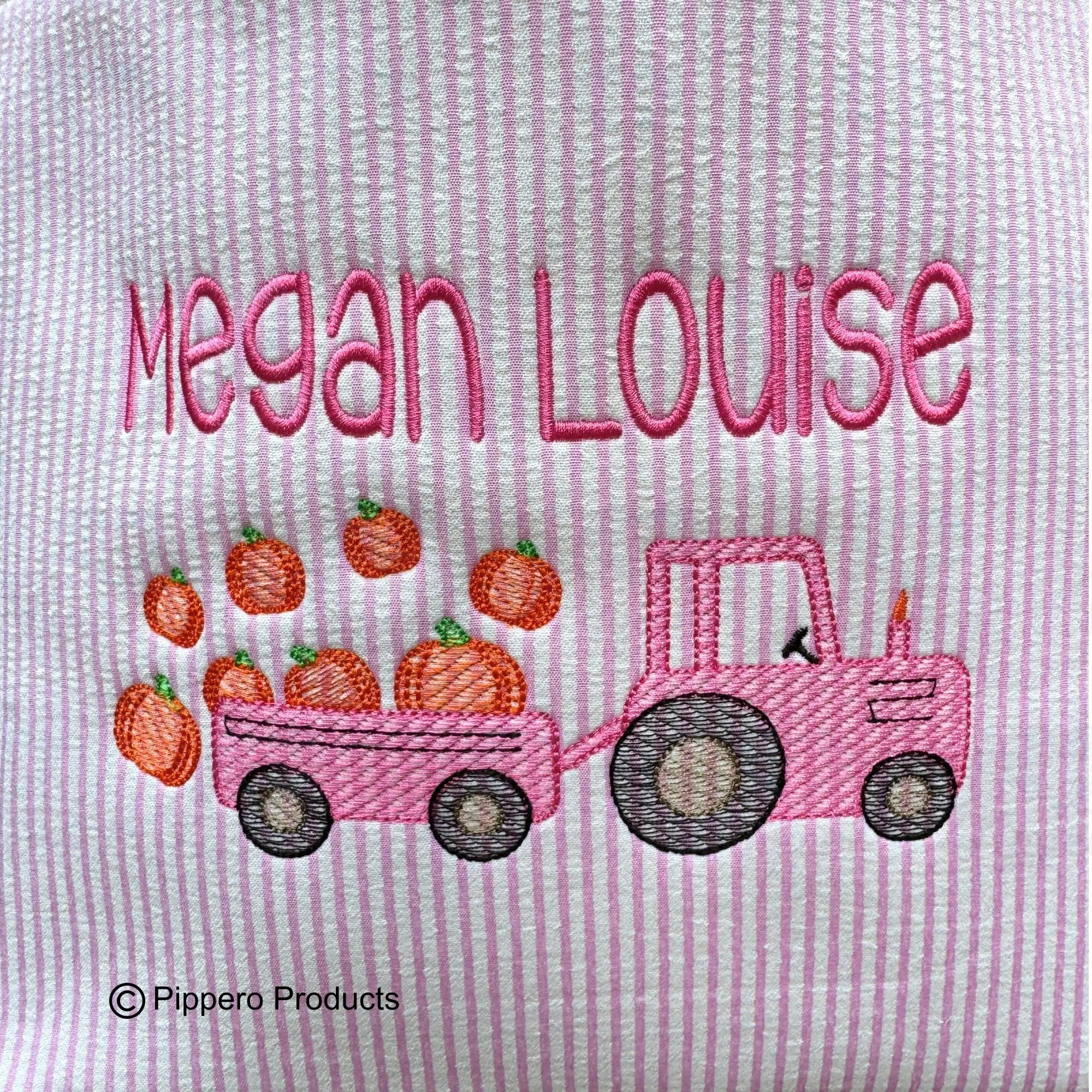 Personalized Embroidered Trick or Treat, Trunk or Treat Halloween Candy Bag Basket Bucket Tote with Seersucker Tractor Design Gift for Boy or Girl
