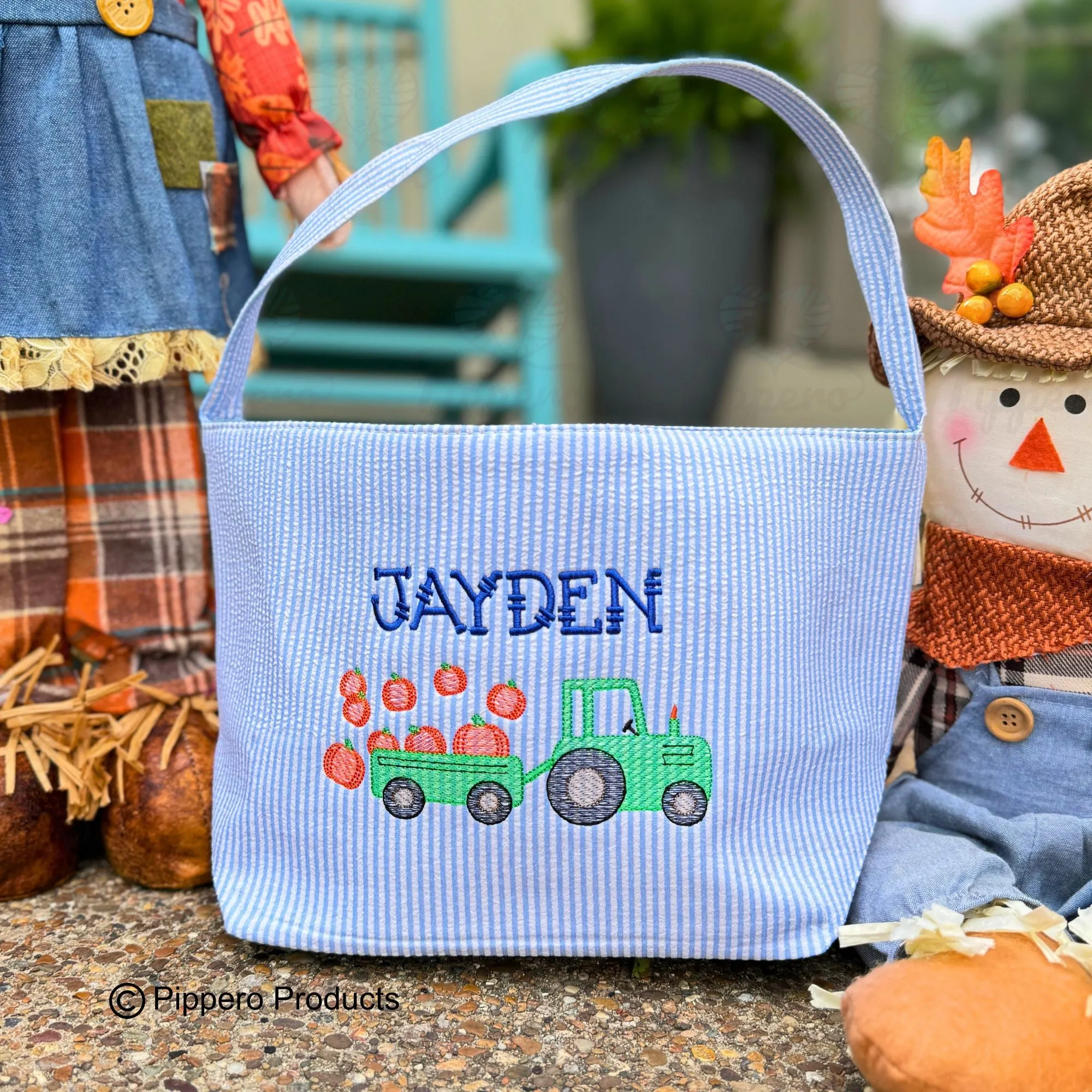 Personalized Embroidered Trick or Treat, Trunk or Treat Halloween Candy Bag Basket Bucket Tote with Seersucker Tractor Design Gift for Boy or Girl